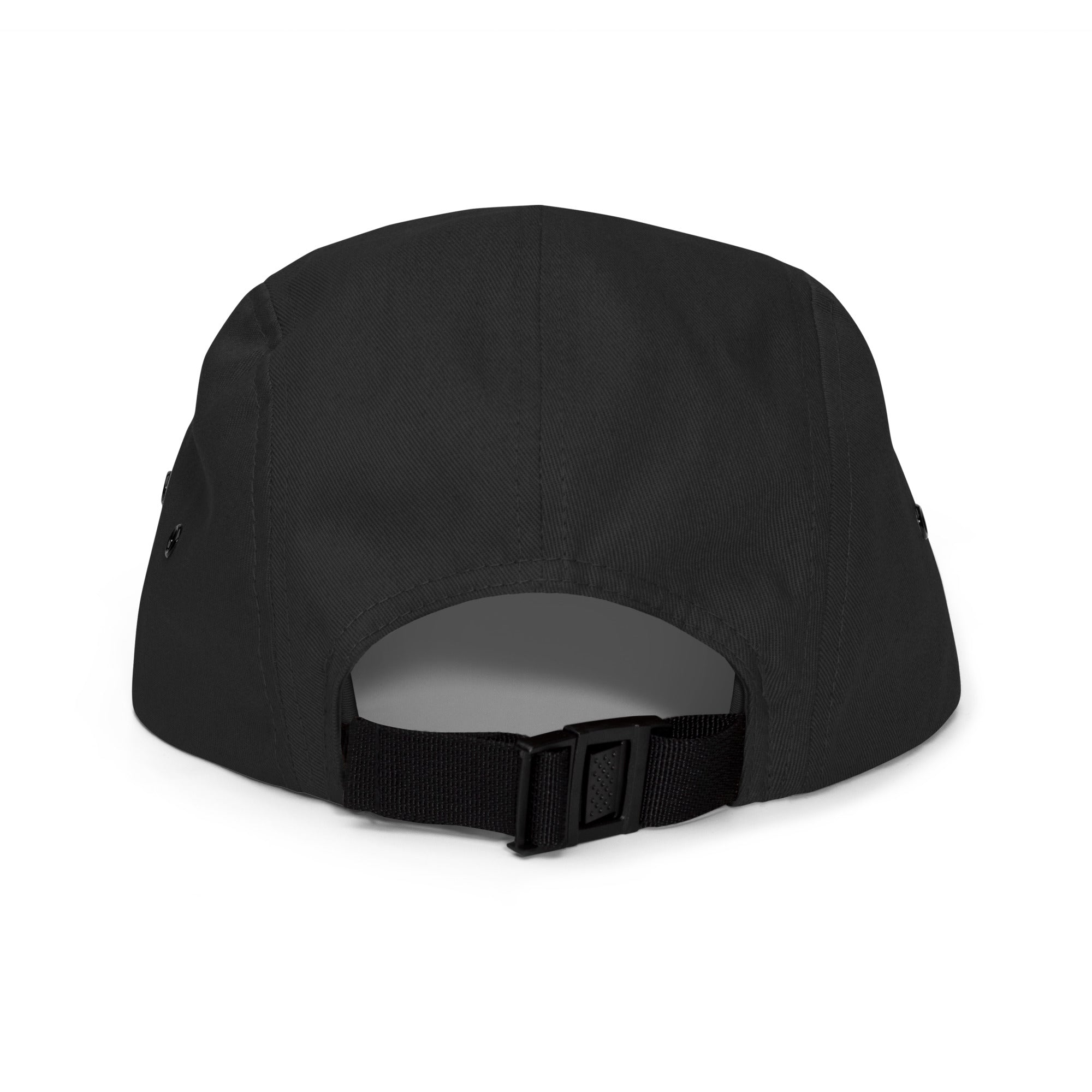 Black five-panel cap with nylon strap clip closure – back view