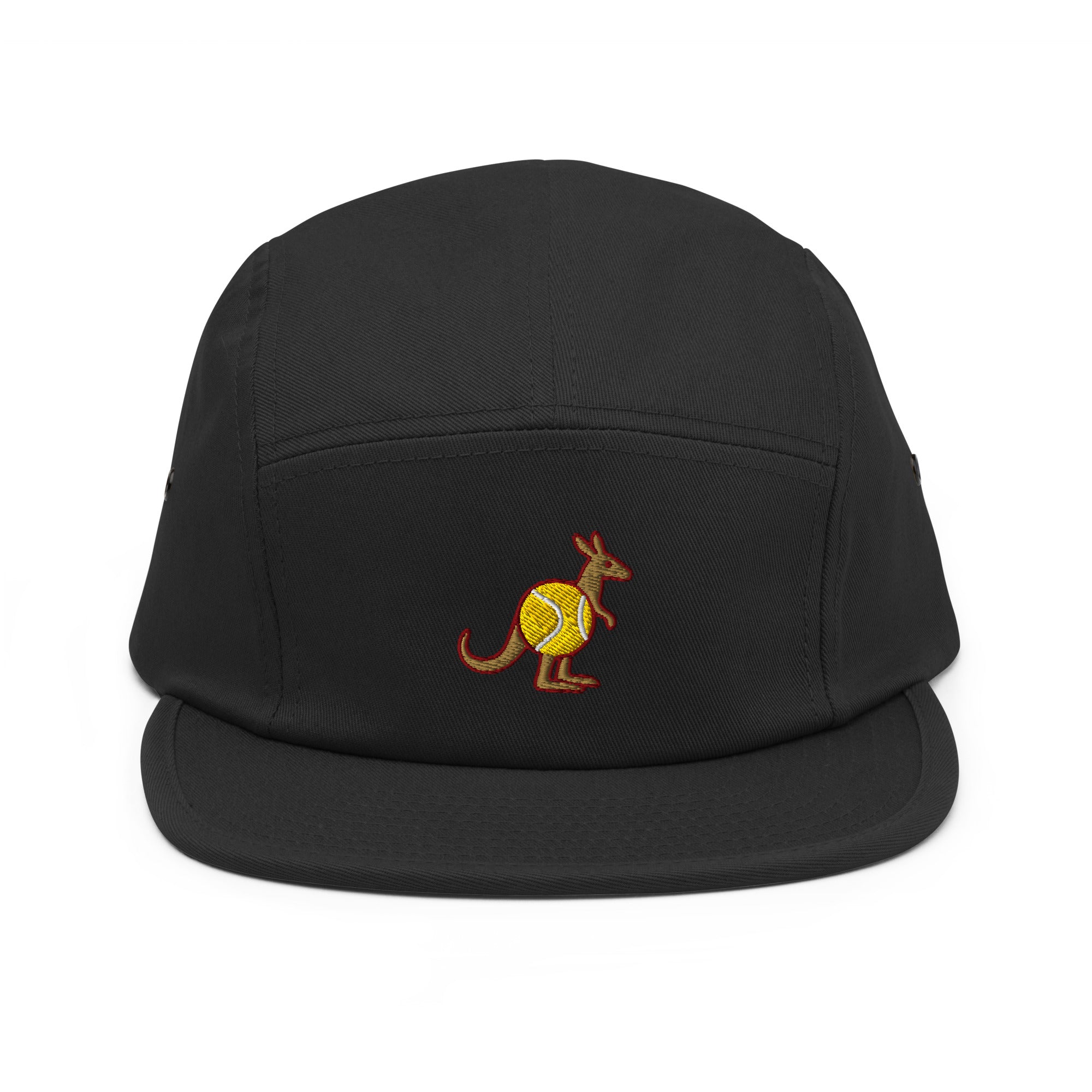 Black five-panel cap with embroidered Skippy kangaroo tennis-ball logo – front view