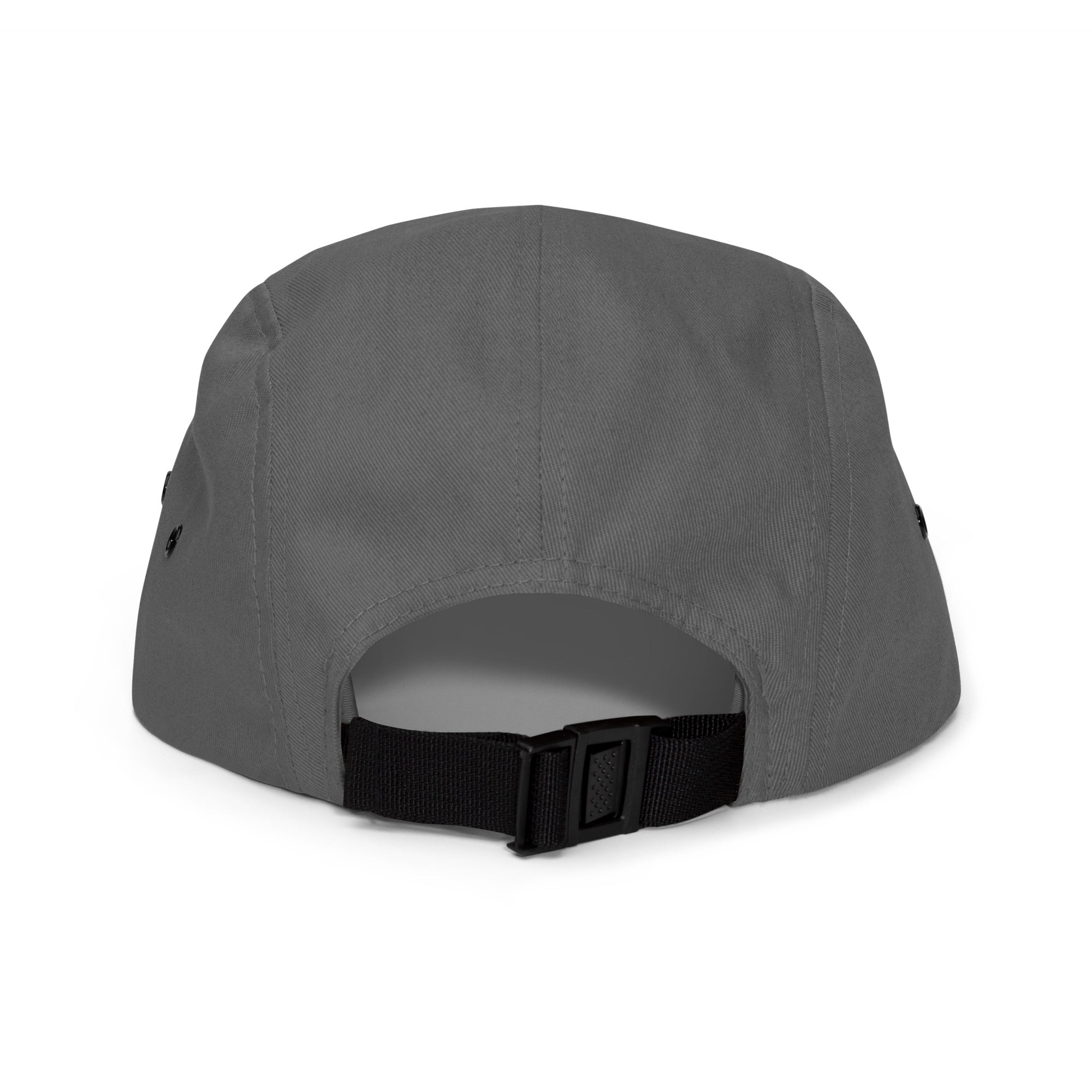 Grey five-panel cap with nylon strap clip closure – back view