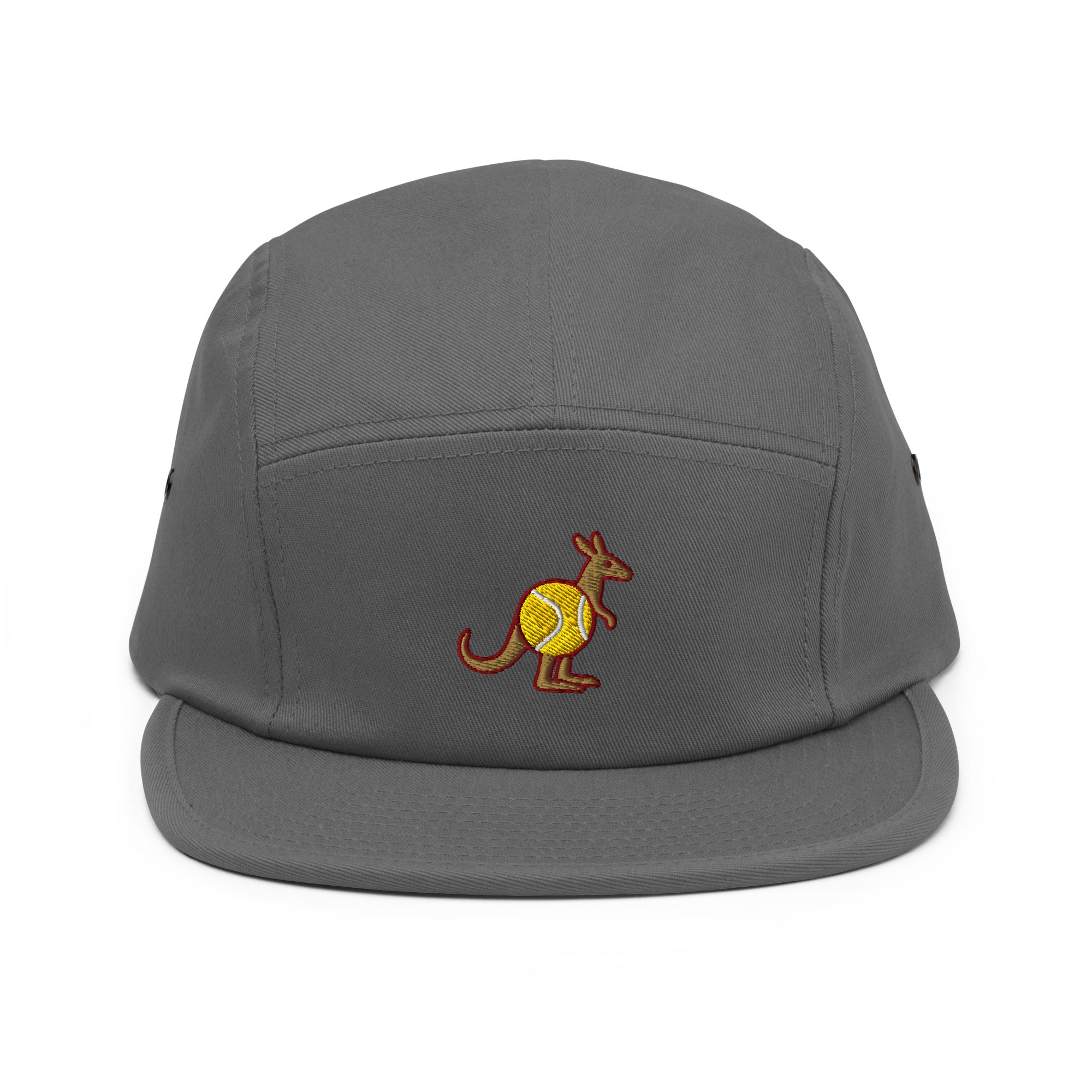 Grey five-panel cap with embroidered Skippy kangaroo tennis-ball logo – front view