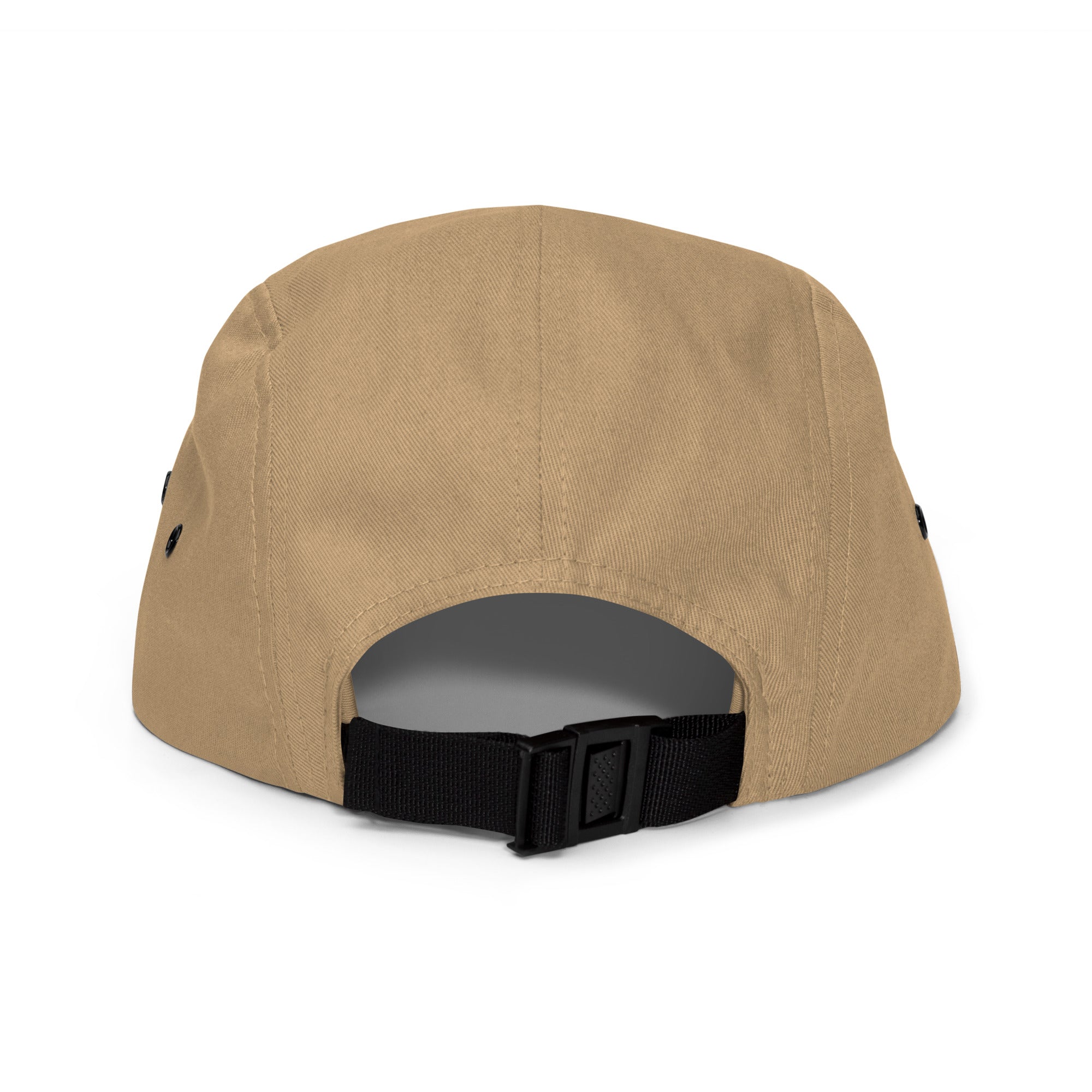 Sand (khaki) five-panel cap with nylon strap clip closure – back view