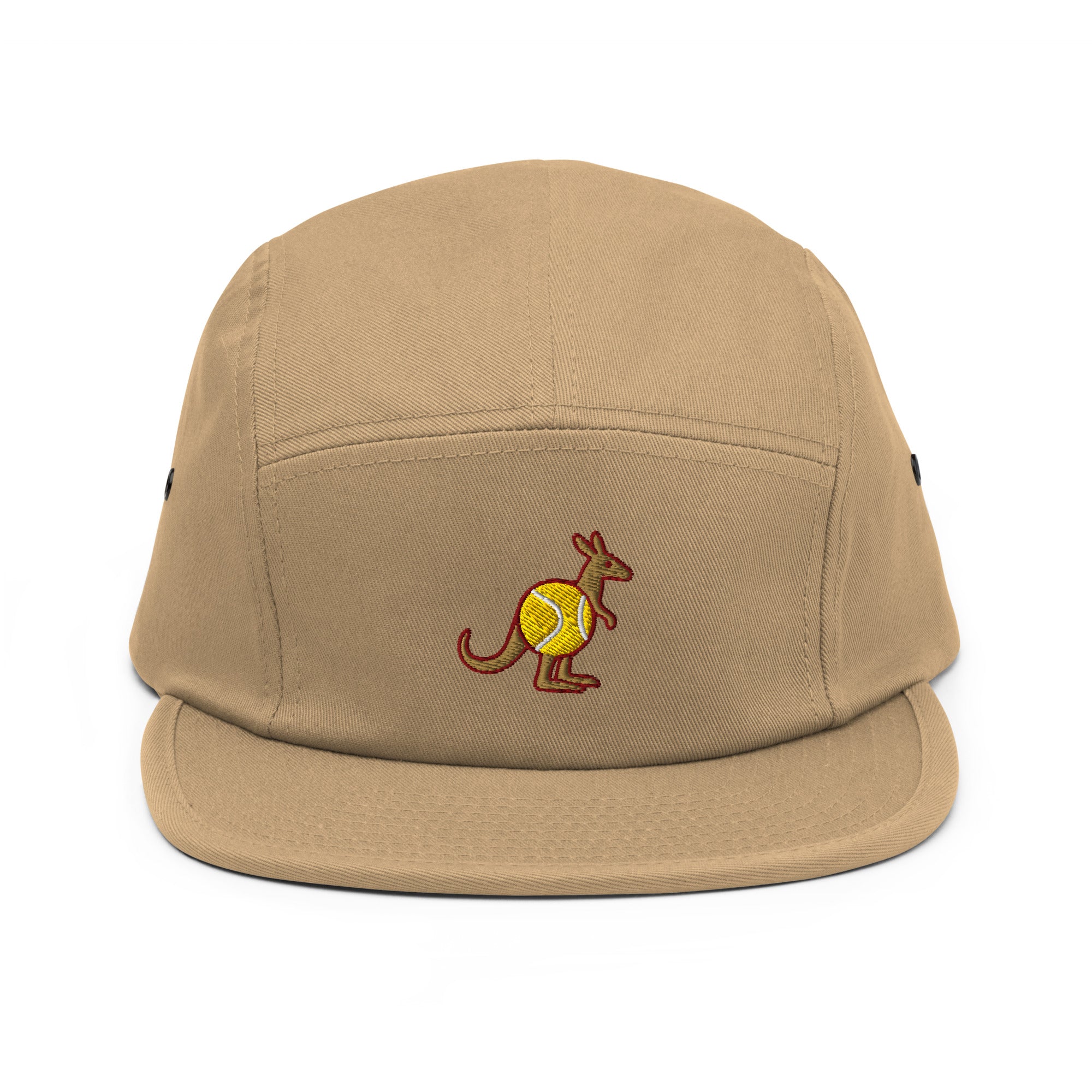 Sand (khaki) five-panel cap with embroidered Skippy kangaroo tennis-ball logo – front view