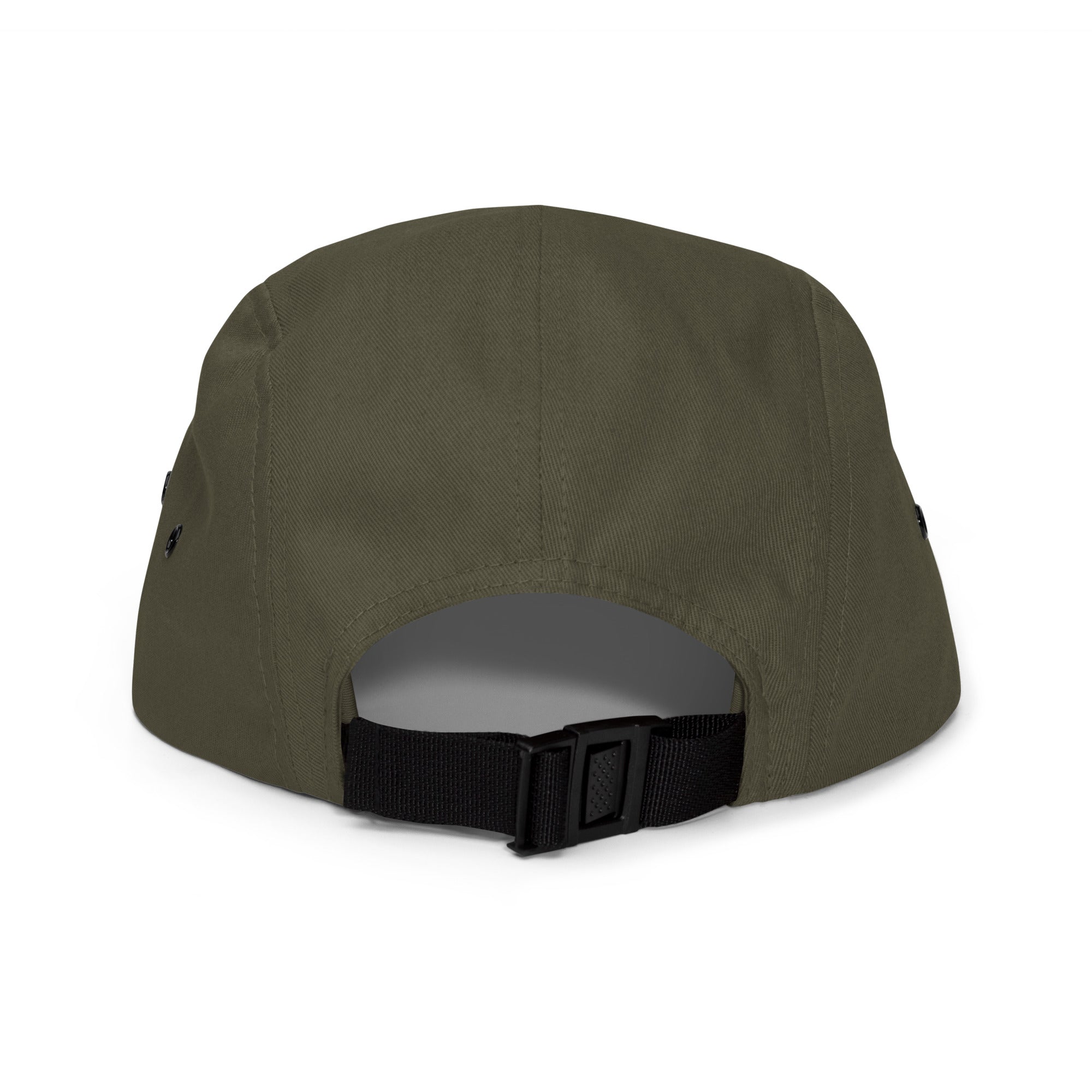 Olive green five-panel cap with nylon strap clip closure – back view