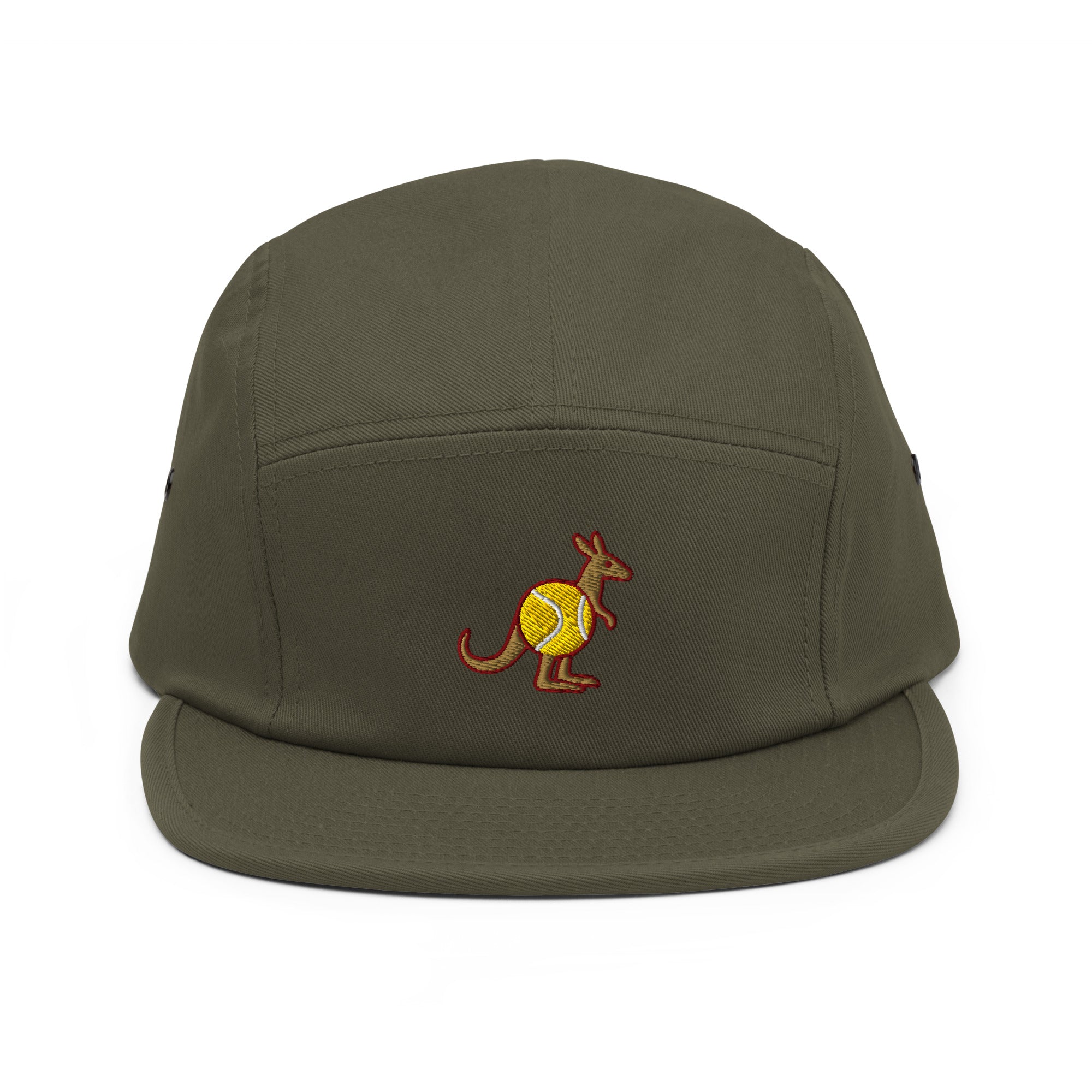 Olive green five-panel cap with embroidered Skippy kangaroo tennis-ball logo – front view