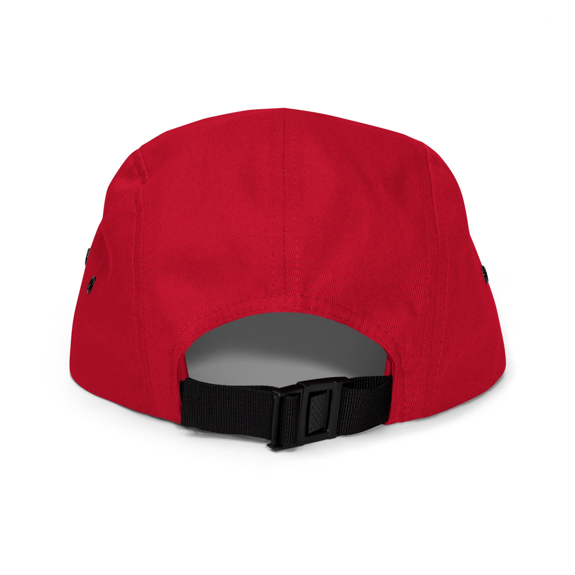 Red (burgundy) five-panel cap with nylon strap clip closure – back view