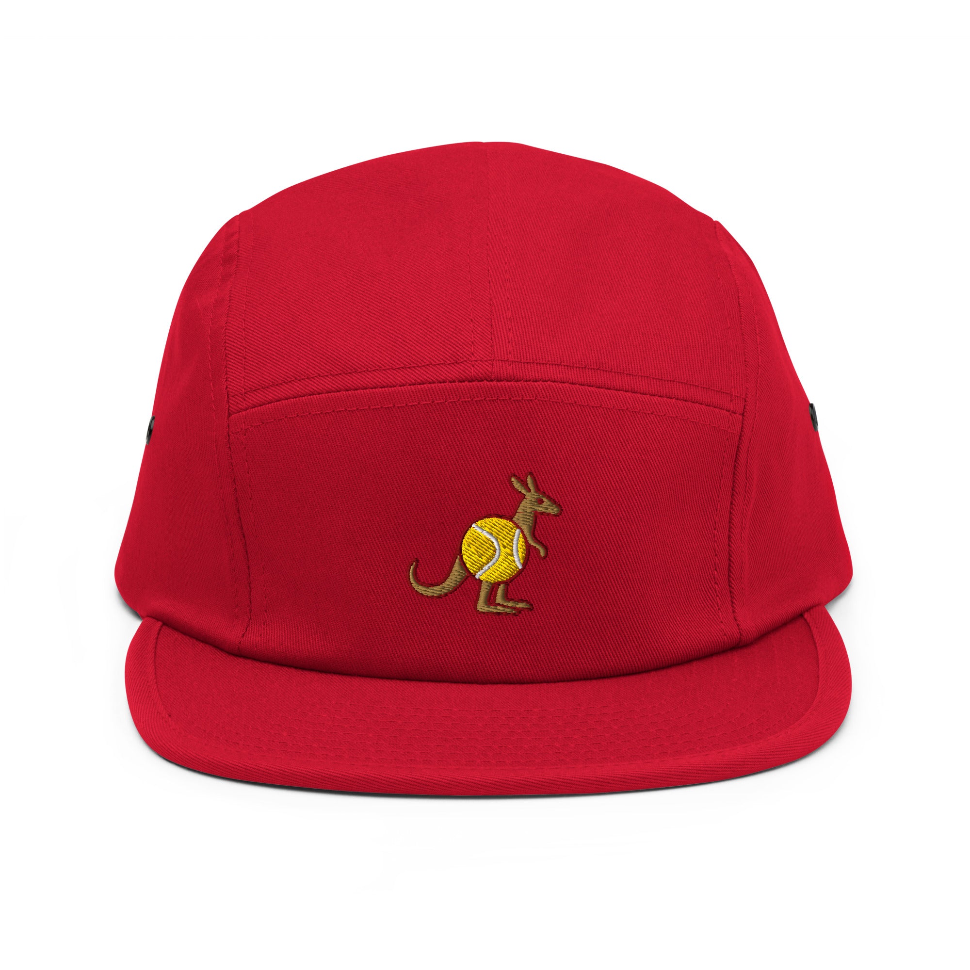 Red (burgundy) five-panel cap with embroidered Skippy kangaroo tennis-ball logo – front view