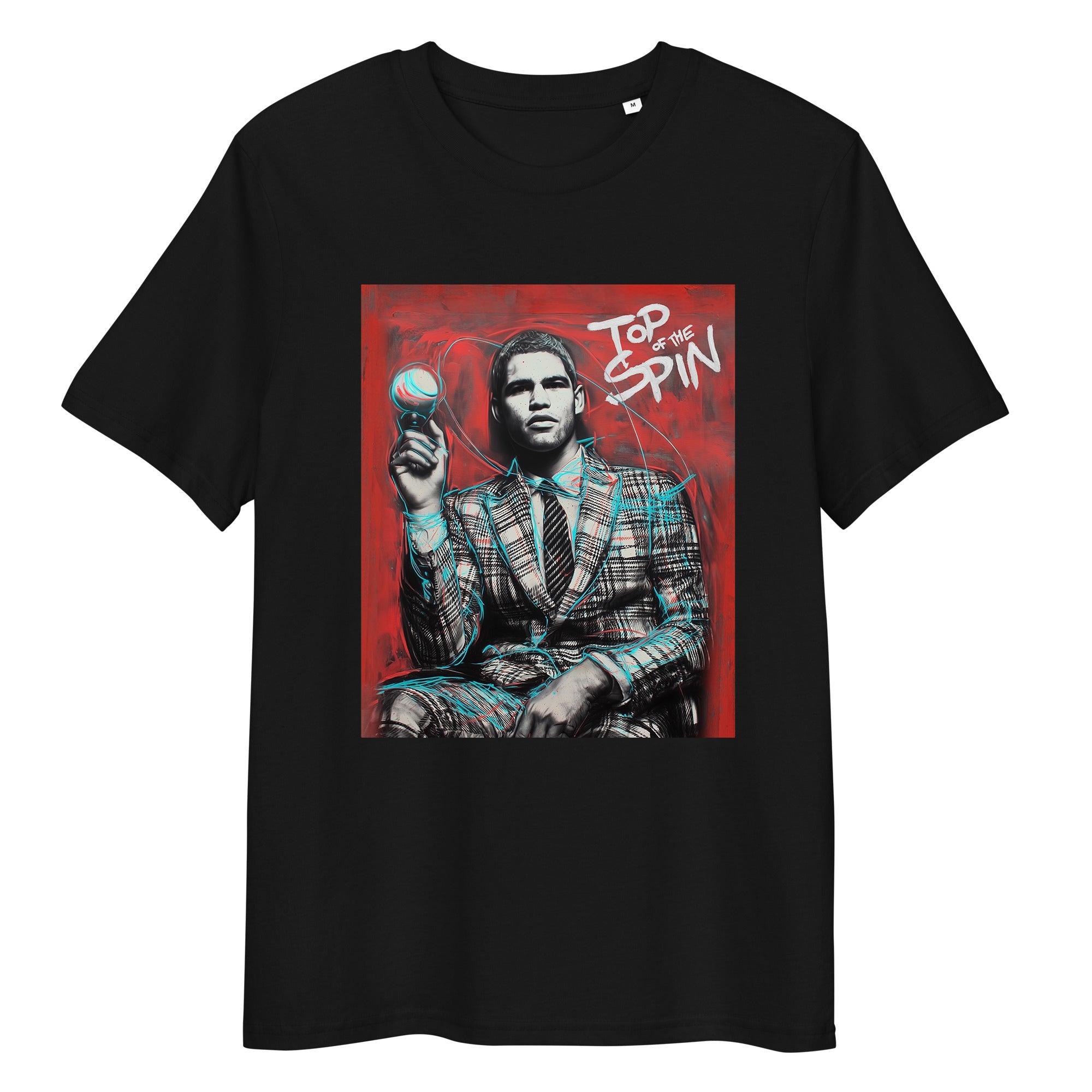 Black organic cotton tee featuring “Top Spin” graphic of Carlos Alcaraz – front view