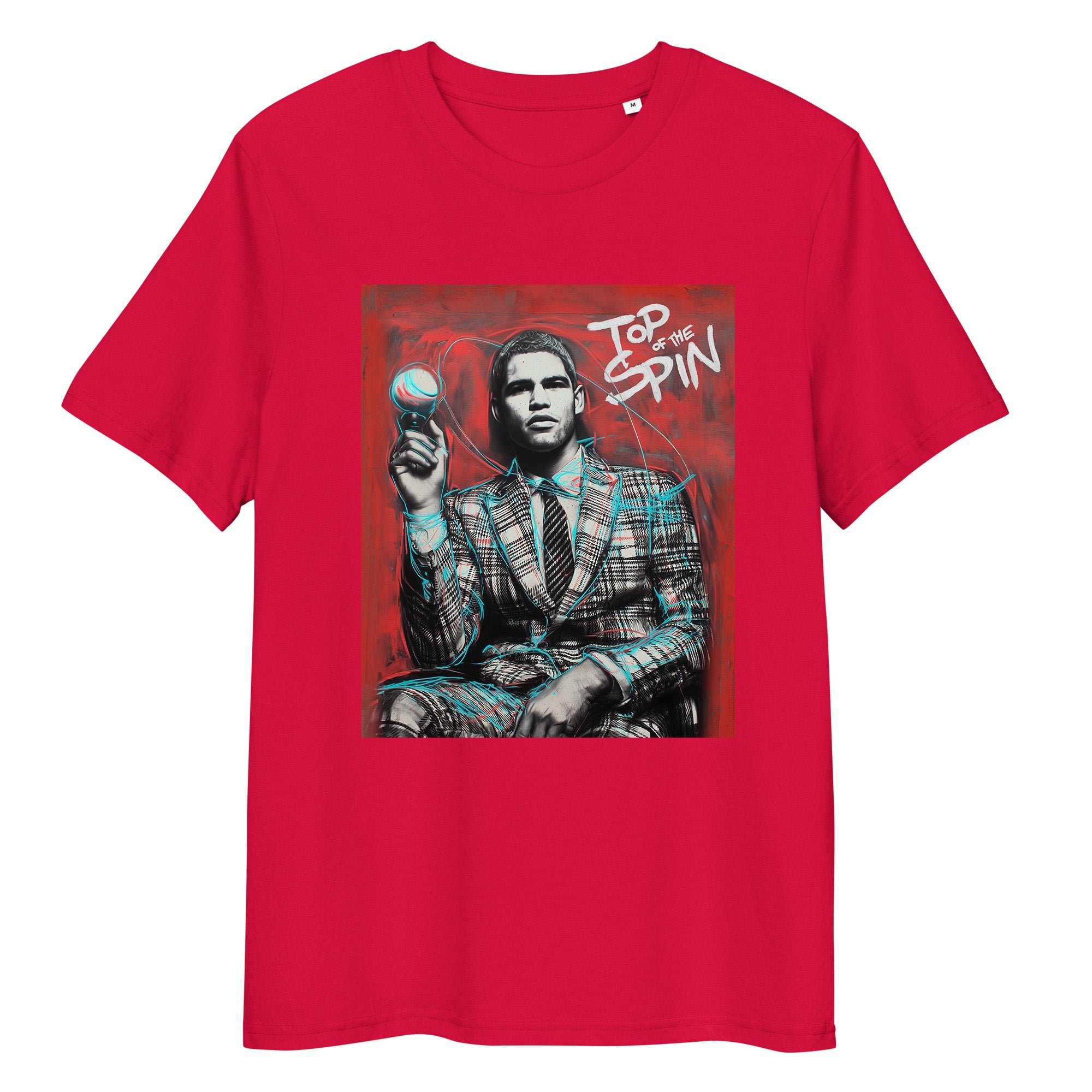 Red organic cotton tee featuring “Top Spin” graphic of Carlos Alcaraz – front view
