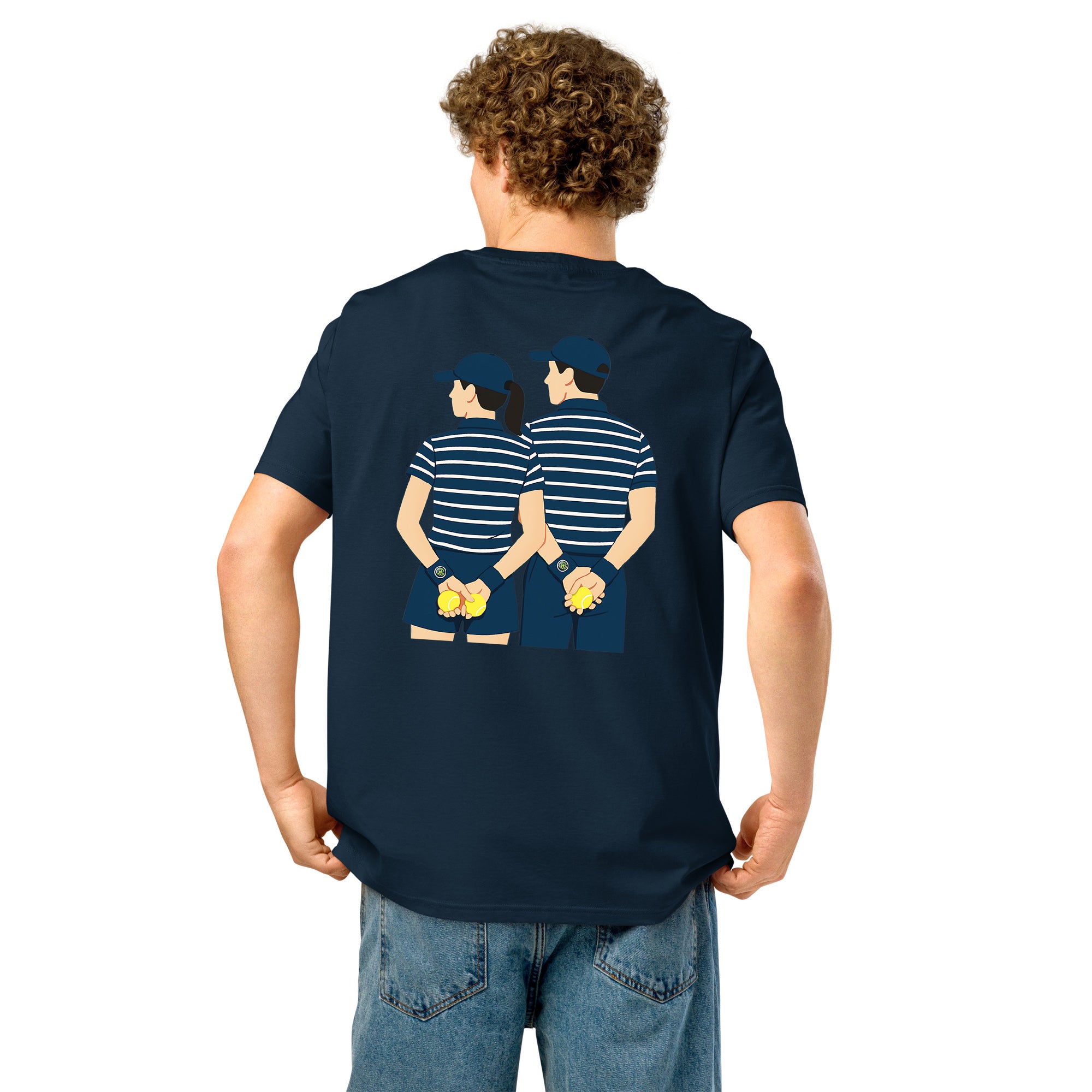 French Navy organic ribbed-neck tee with Ball Kids back print – worn by model, back view