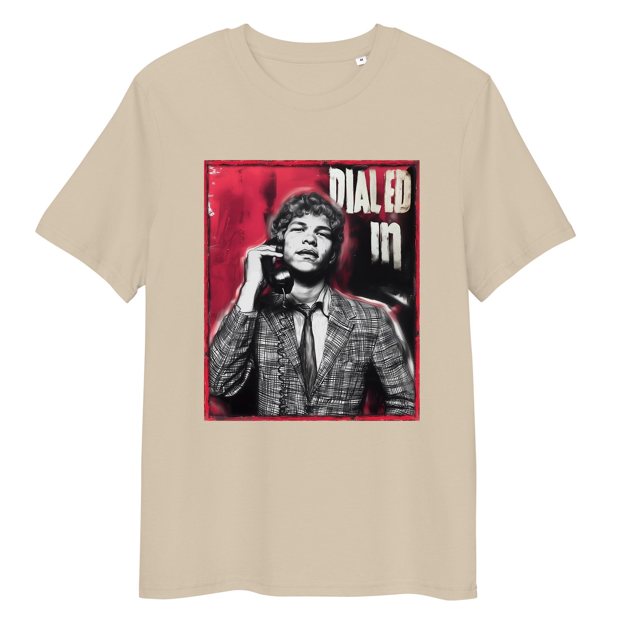 Desert Dust (beige) organic cotton tee featuring “Dialed In” graphic of Ben Shelton – front view