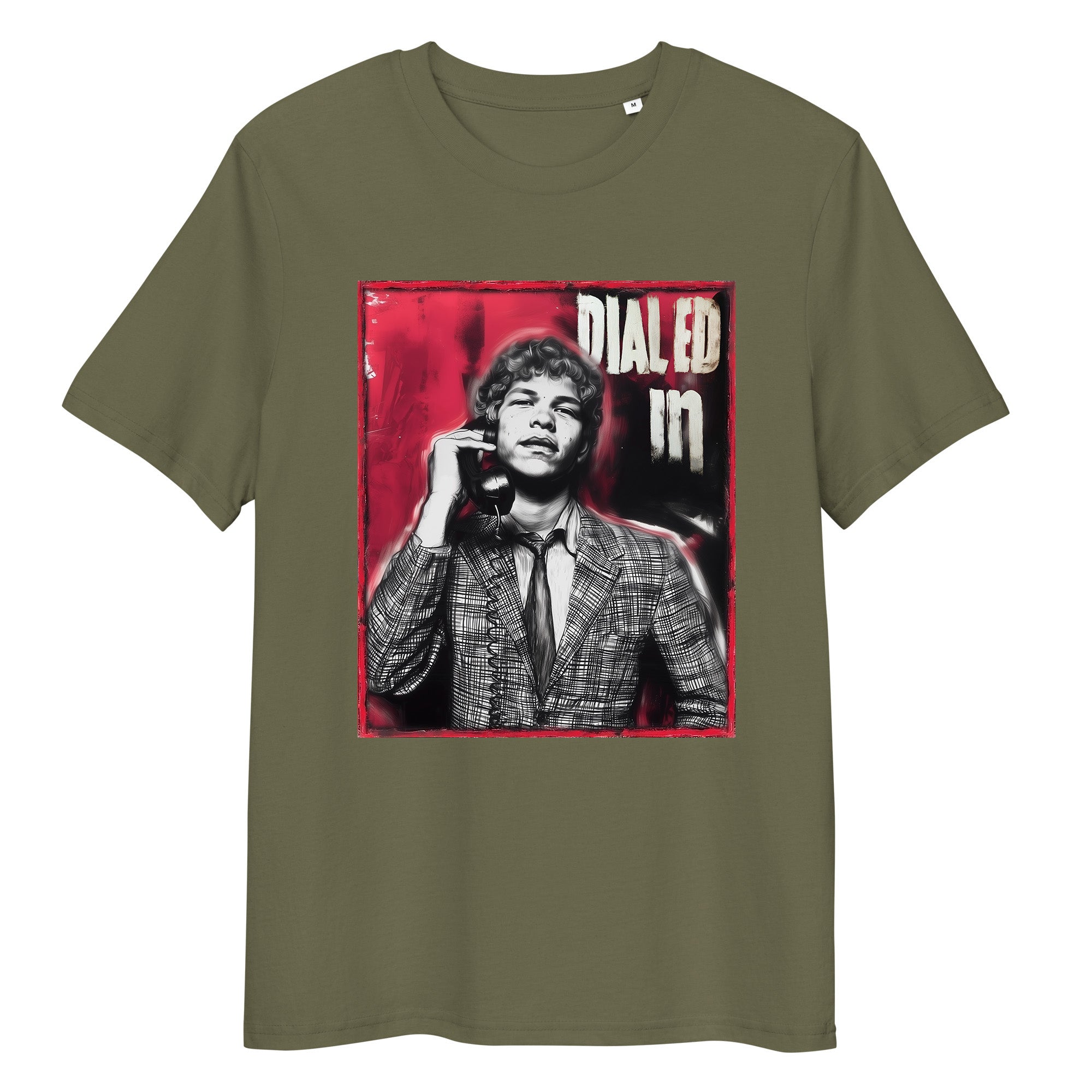 Khaki organic cotton tee featuring “Dialed In” graphic of Ben Shelton – front view