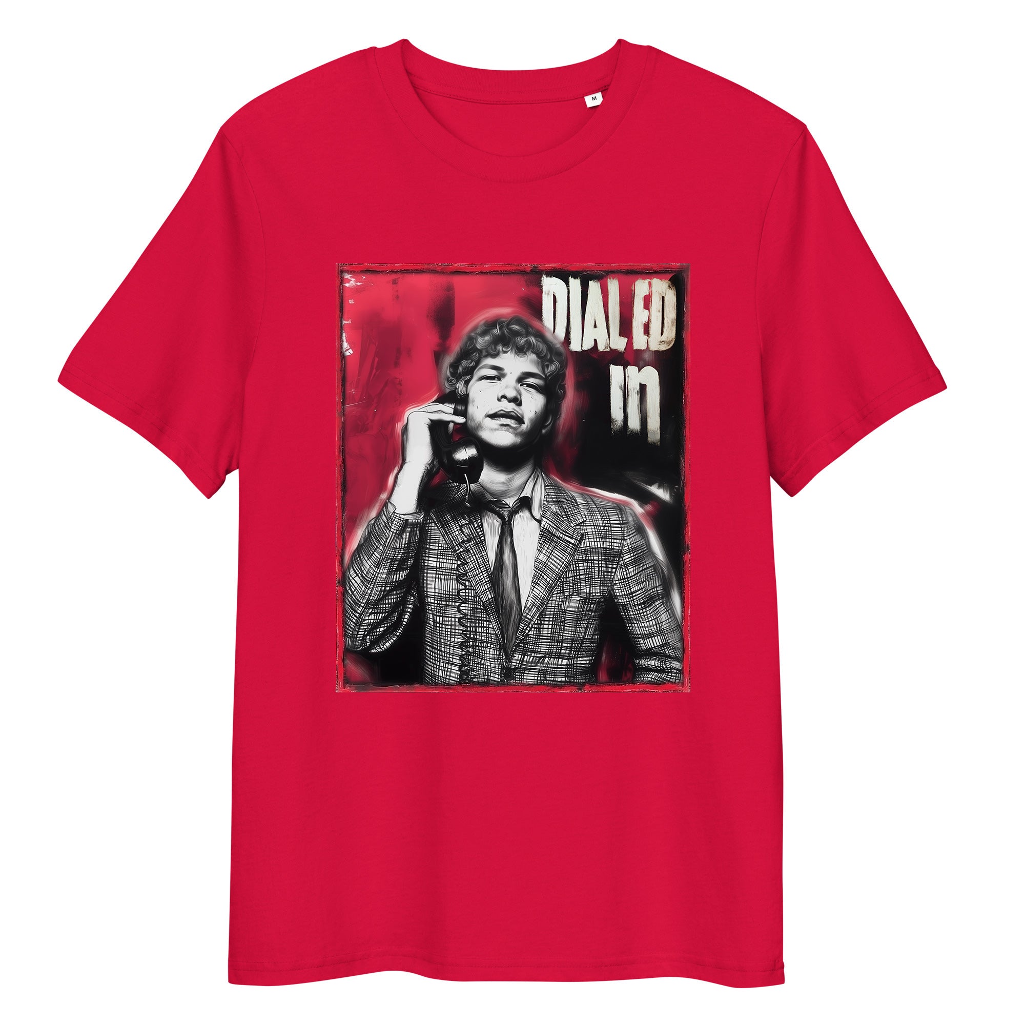 Red organic cotton tee featuring “Dialed In” graphic of Ben Shelton – front view