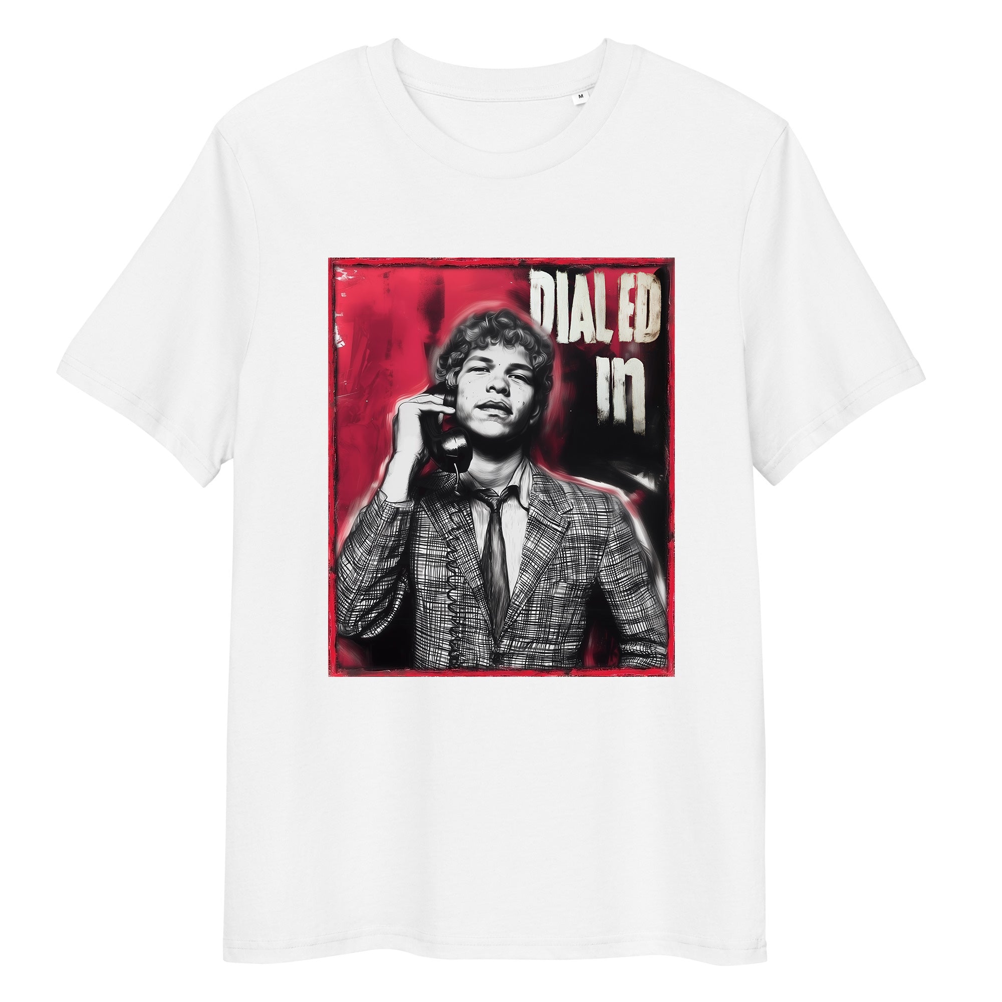 White organic cotton tee featuring “Dialed In” graphic of Ben Shelton – front view