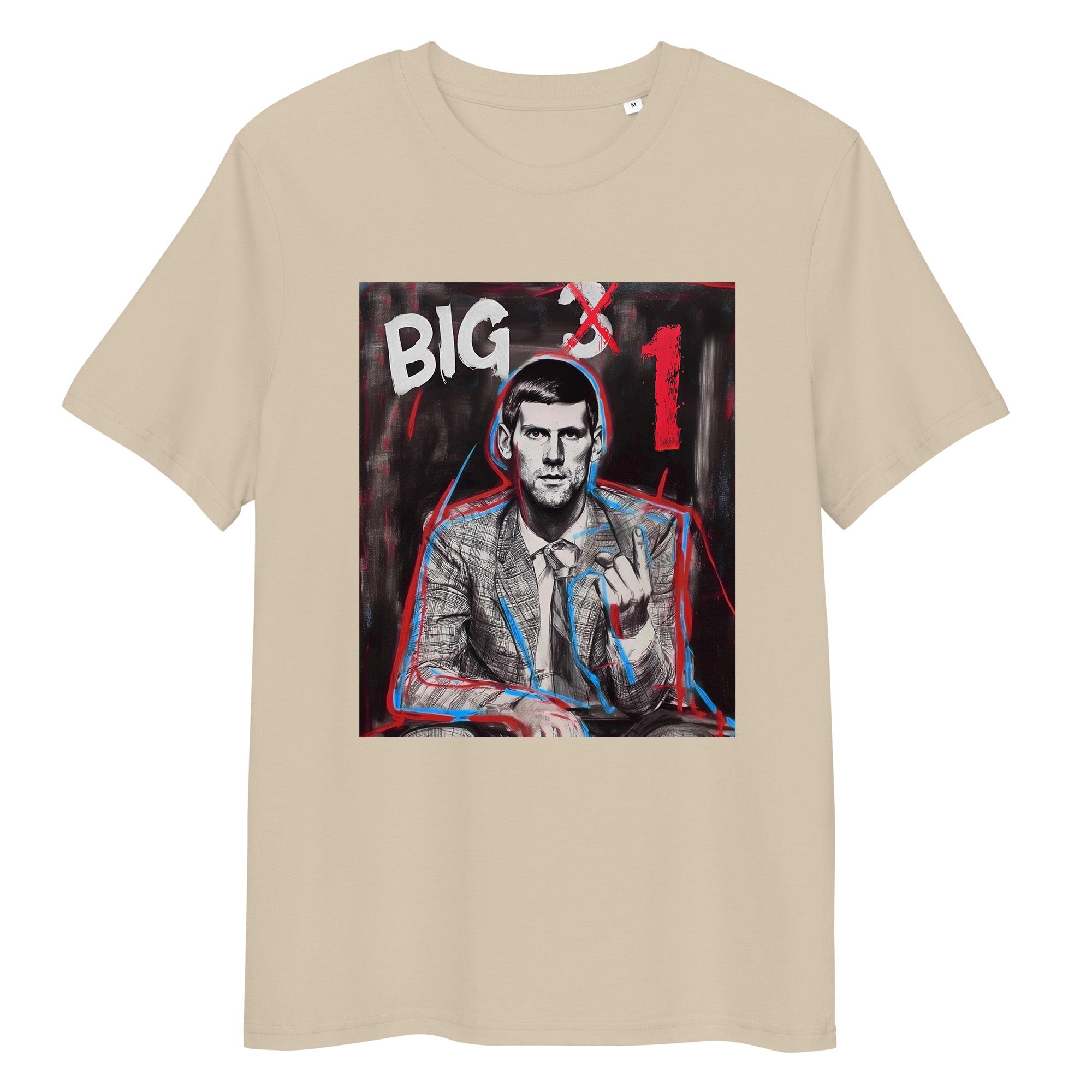 Desert Dust (beige) organic cotton tee featuring “BIG 1” graphic of Novak Djokovic – front view