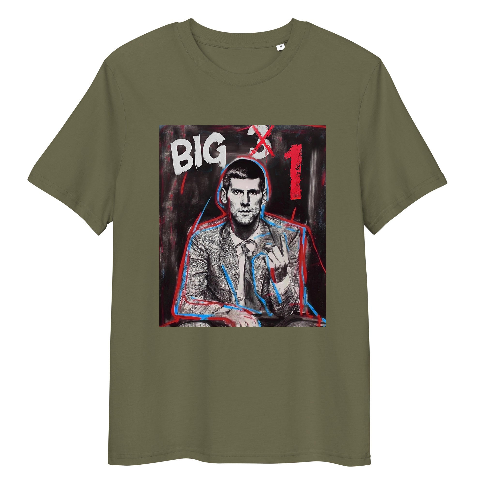 Khaki organic cotton tee featuring “BIG 1” graphic of Novak Djokovic – front view