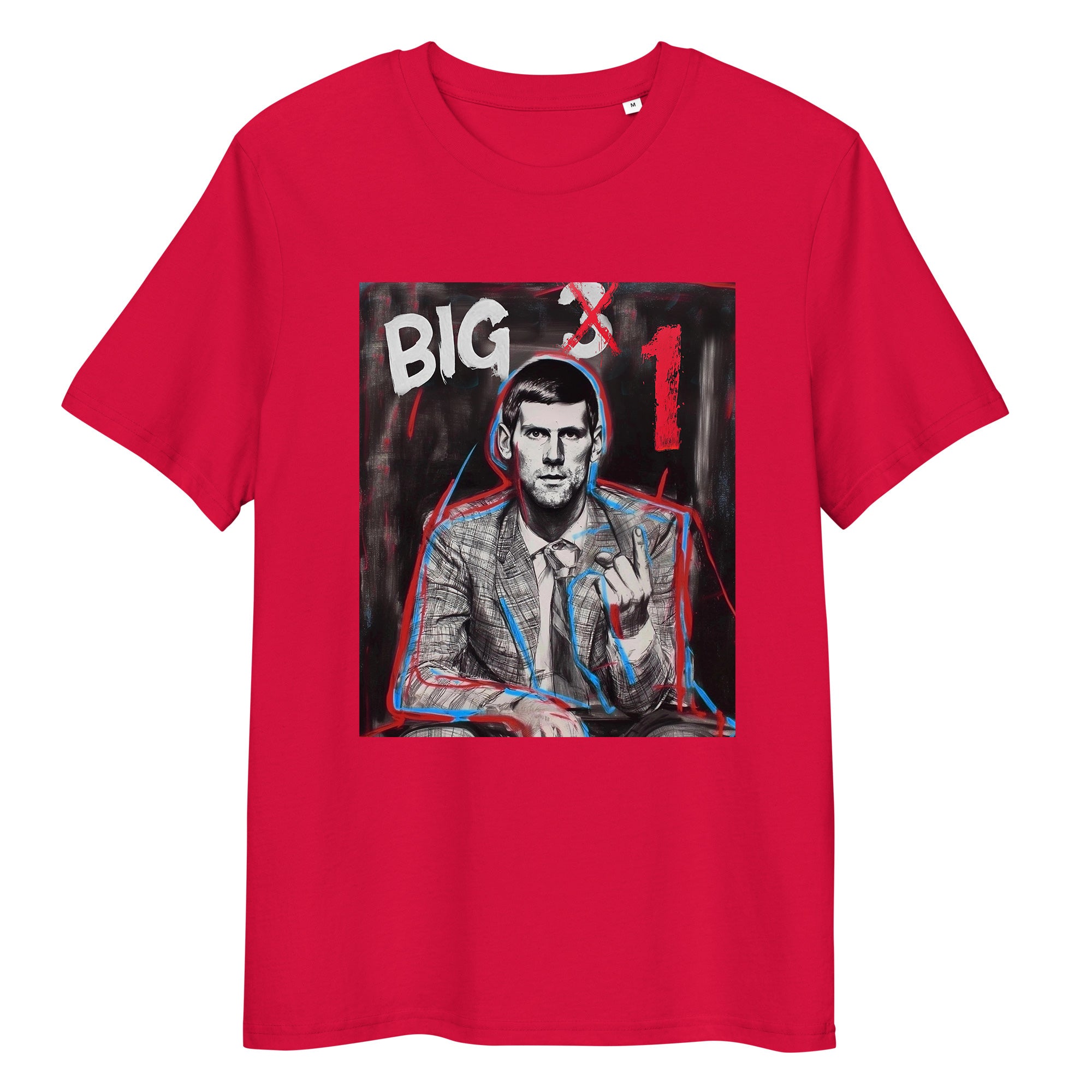 red organic cotton tee featuring “BIG 1” graphic of Novak Djokovic – front view