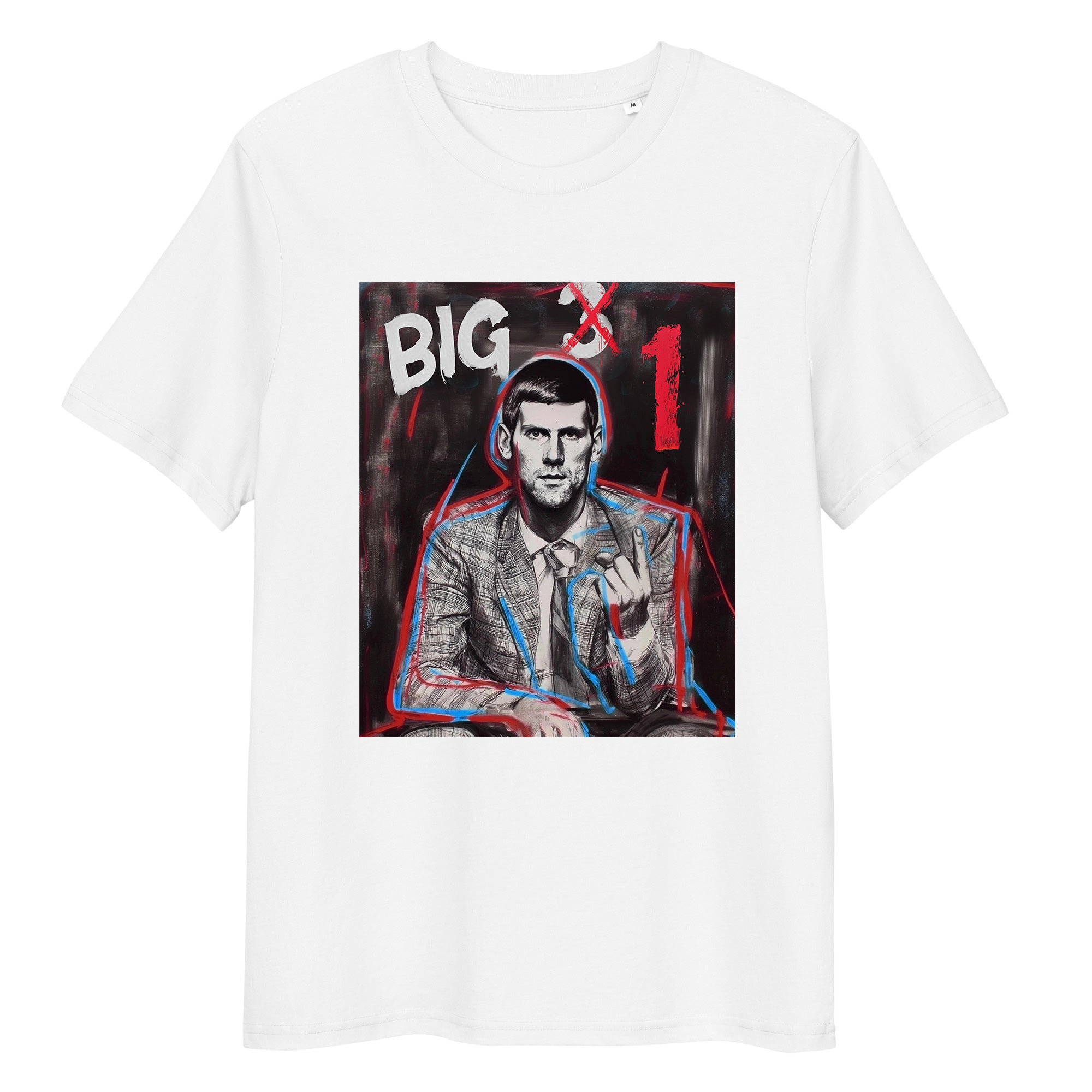 White organic cotton tee featuring “BIG 1” graphic of Novak Djokovic – front view
