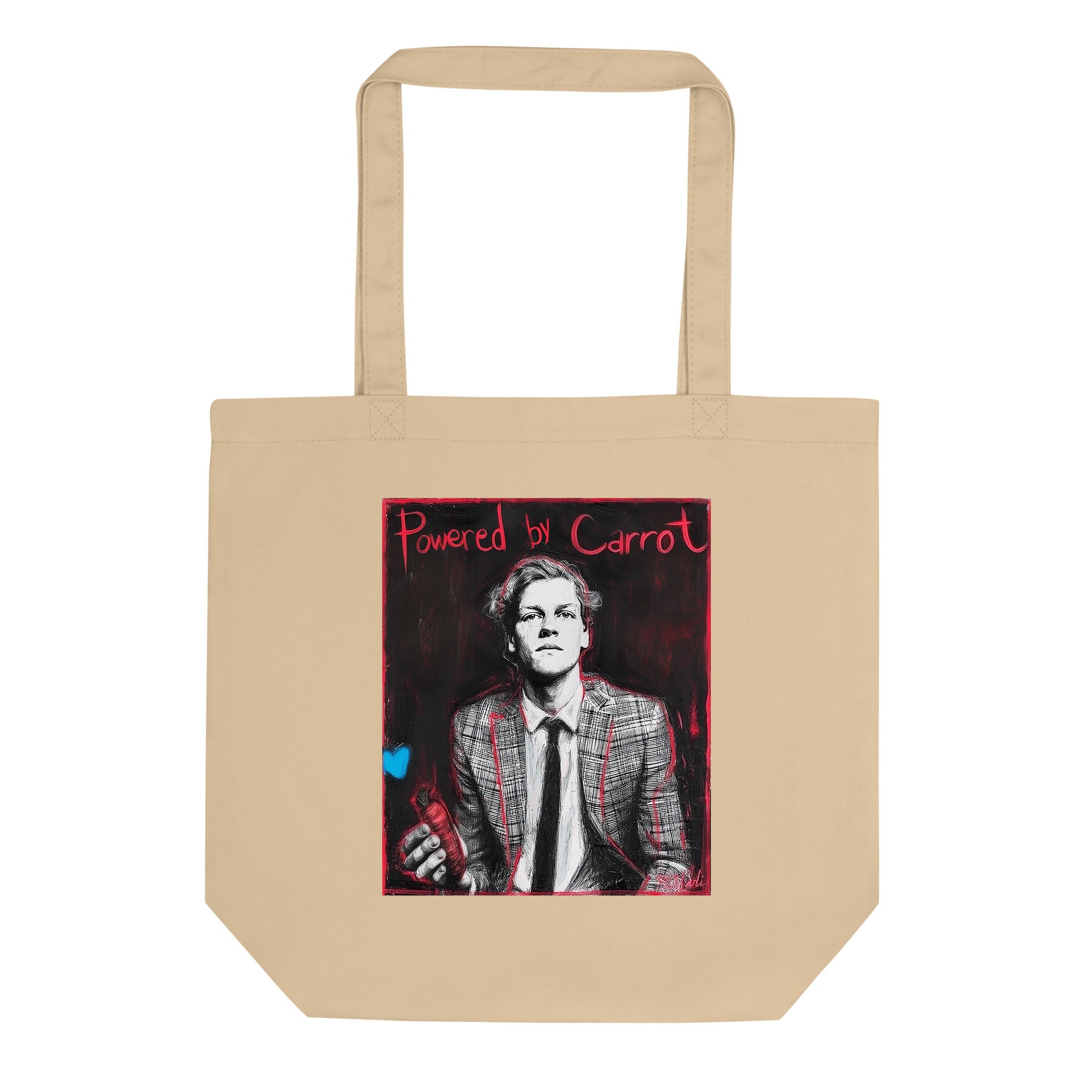 Natural (beige) organic cotton tote bag featuring “Powered by Carrot” graphic of Jannik Sinner – front view