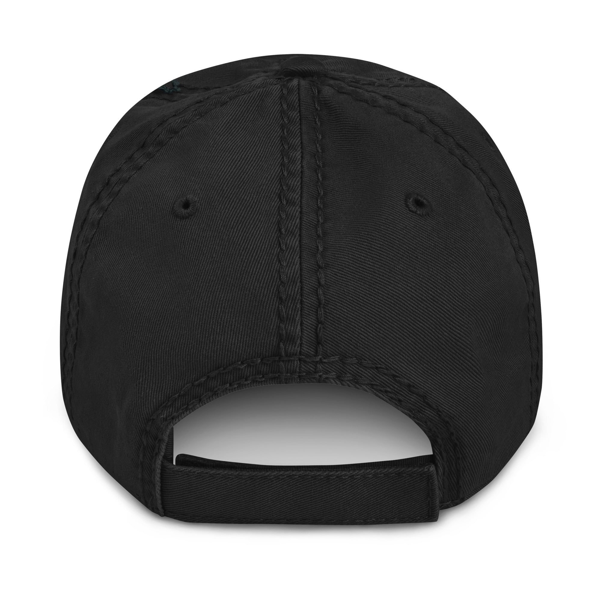 Black distressed cotton dad hat with adjustable hook-and-loop strap – back view