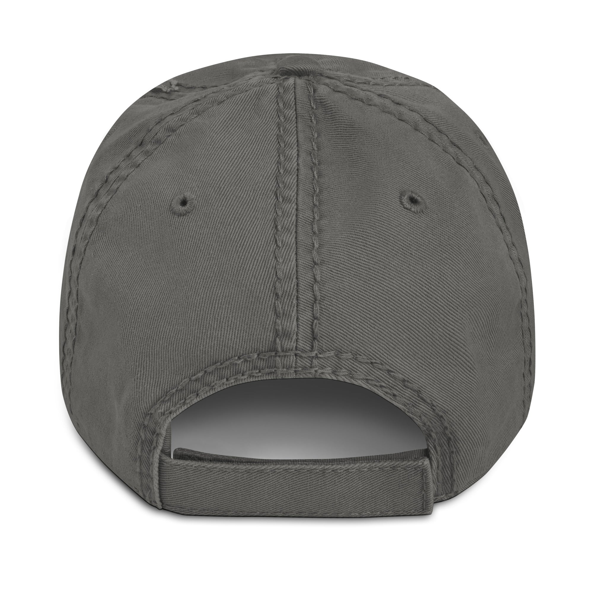 Charcoal-grey distressed cotton dad hat with adjustable hook-and-loop strap – back view