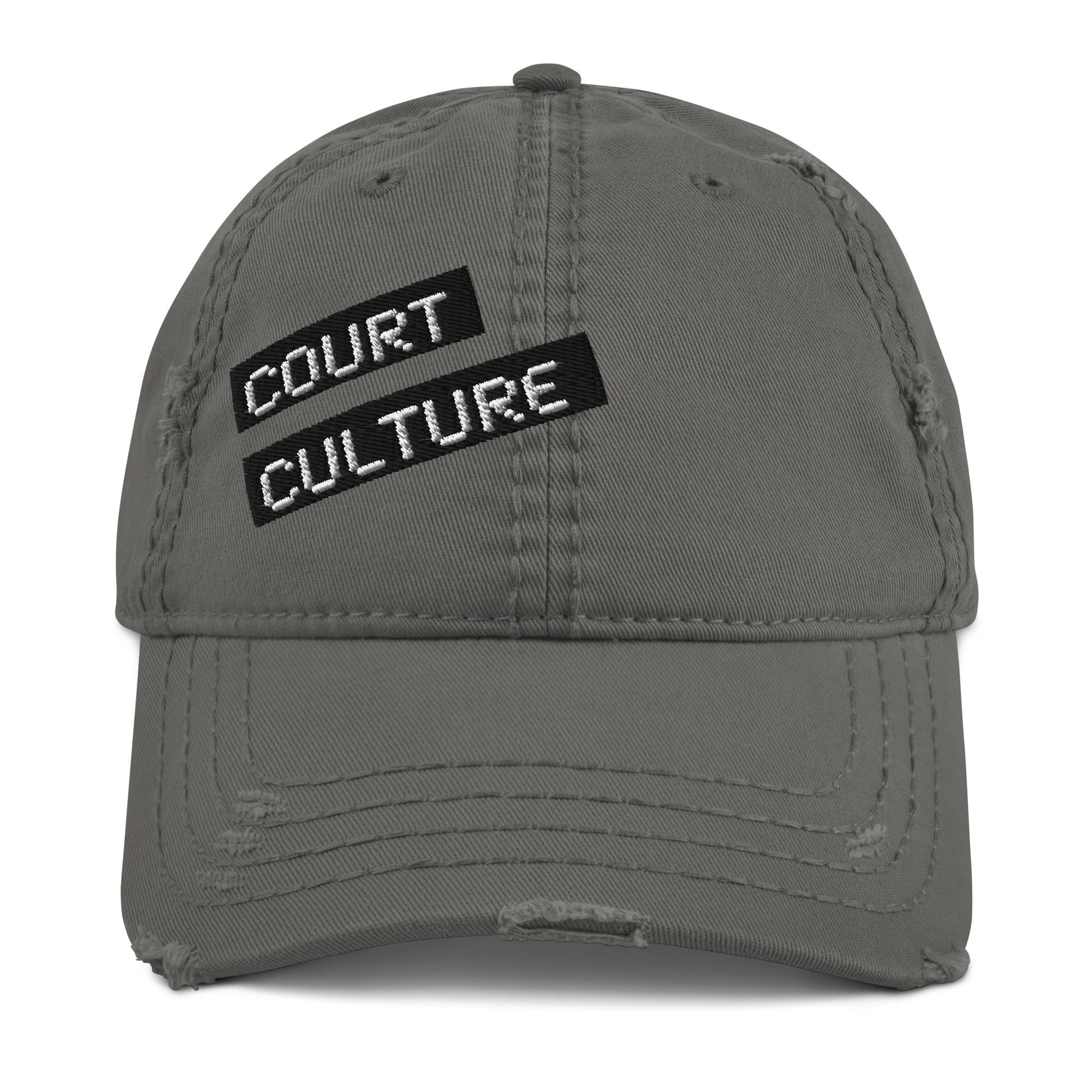 harcoal-grey distressed cotton dad hat with embroidered “COURT CULTURE” patch – front view