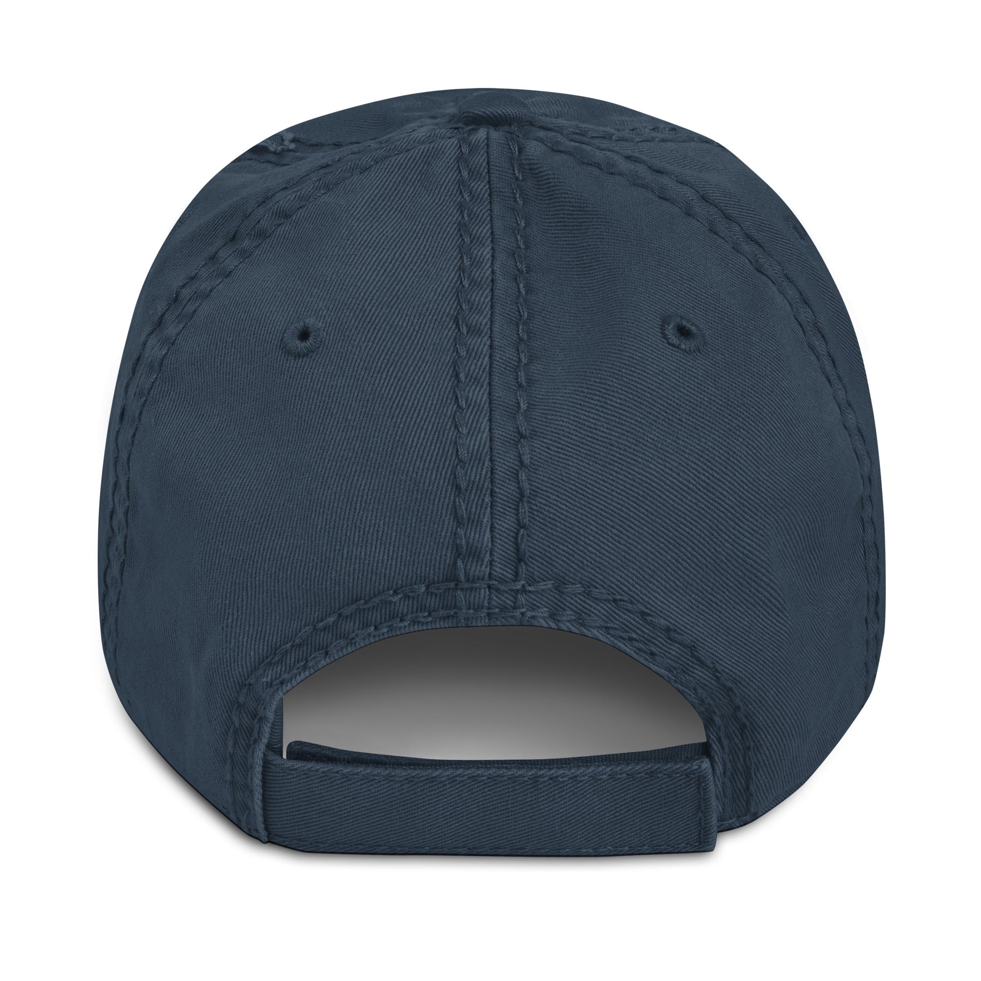 Navy distressed cotton dad hat with adjustable hook-and-loop strap – back view