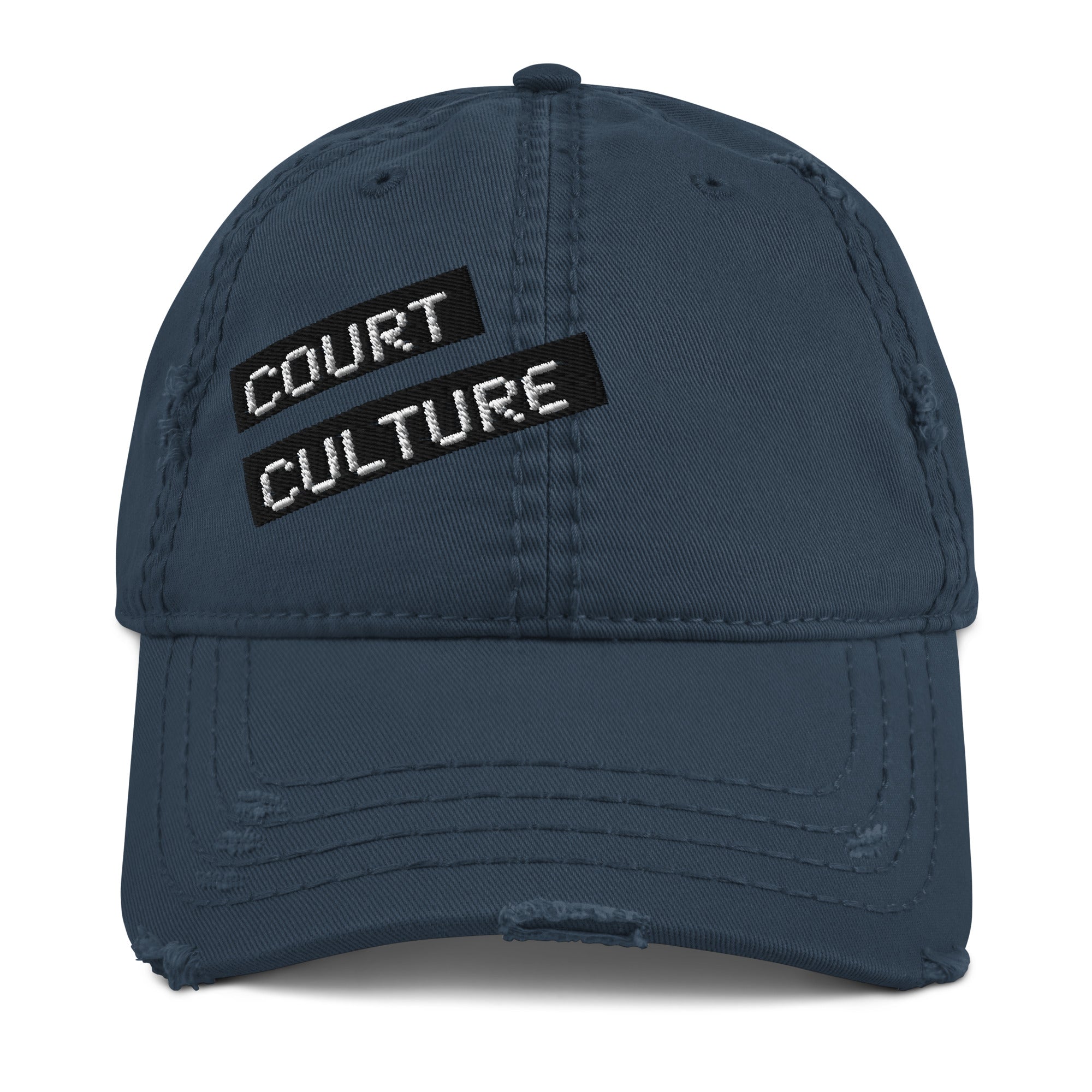 Navy distressed cotton dad hat with embroidered “COURT CULTURE” patch – front view