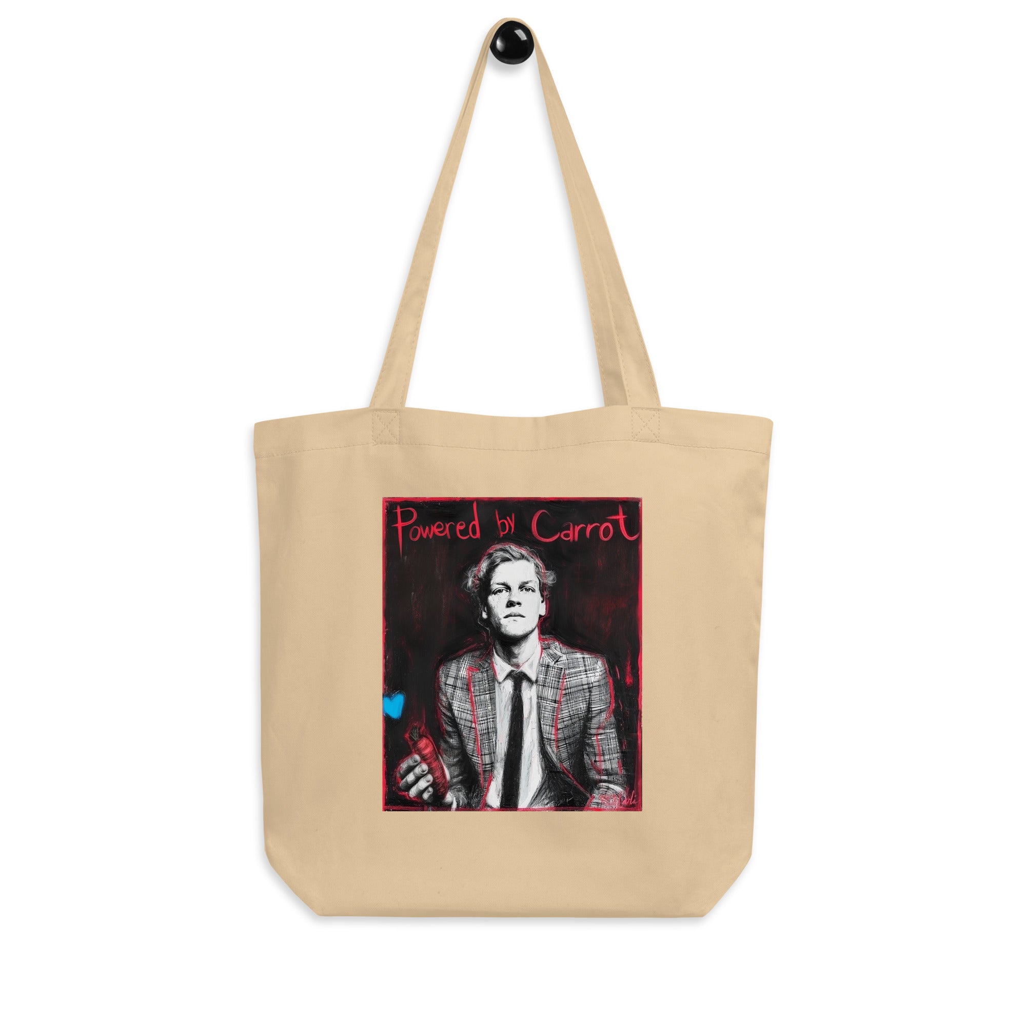 Natural Organic cotton tote bag with “Powered by Carrot” Jannik Sinner print – hanging display view