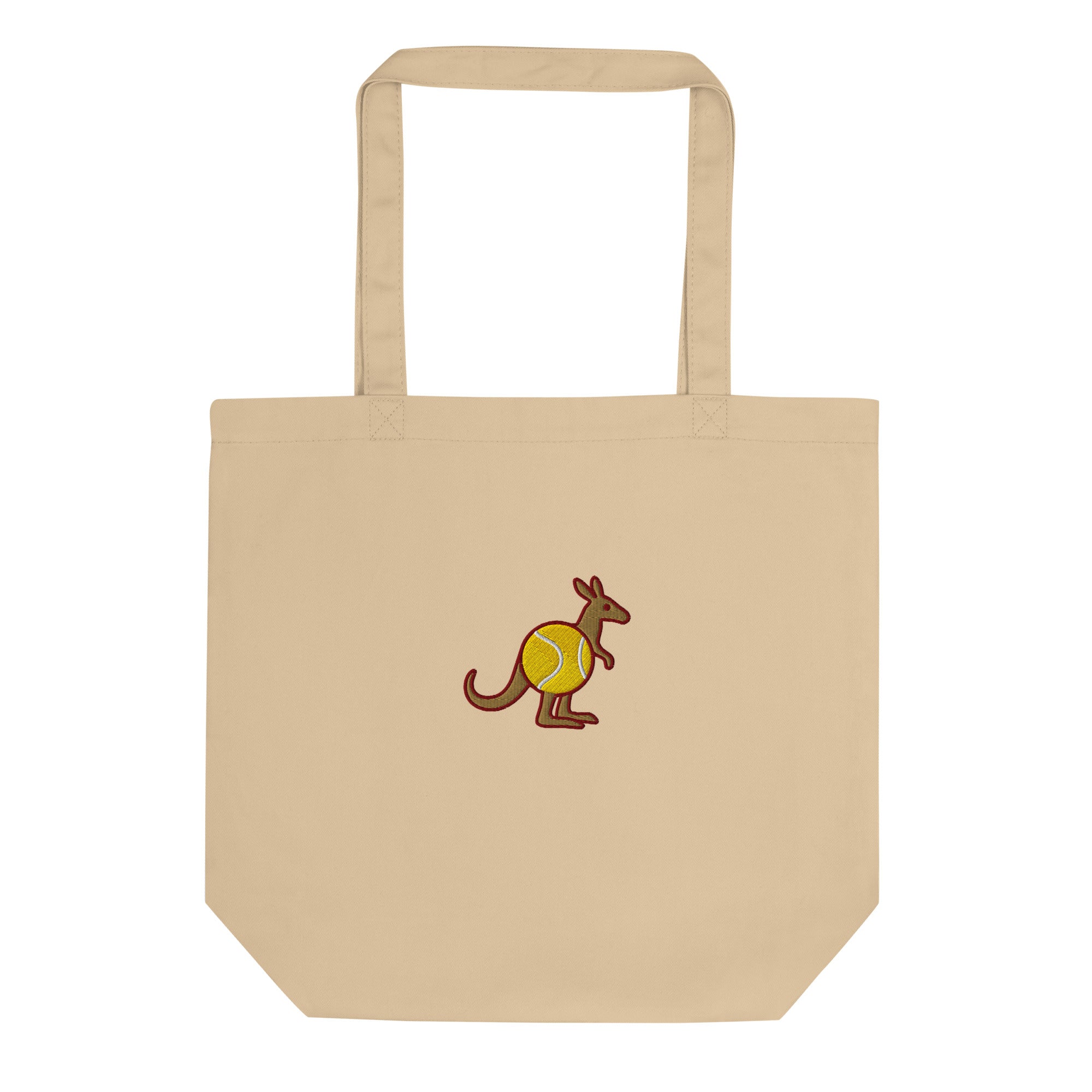 Natural cotton tote bag with embroidered Skippy kangaroo holding a tennis ball – front view