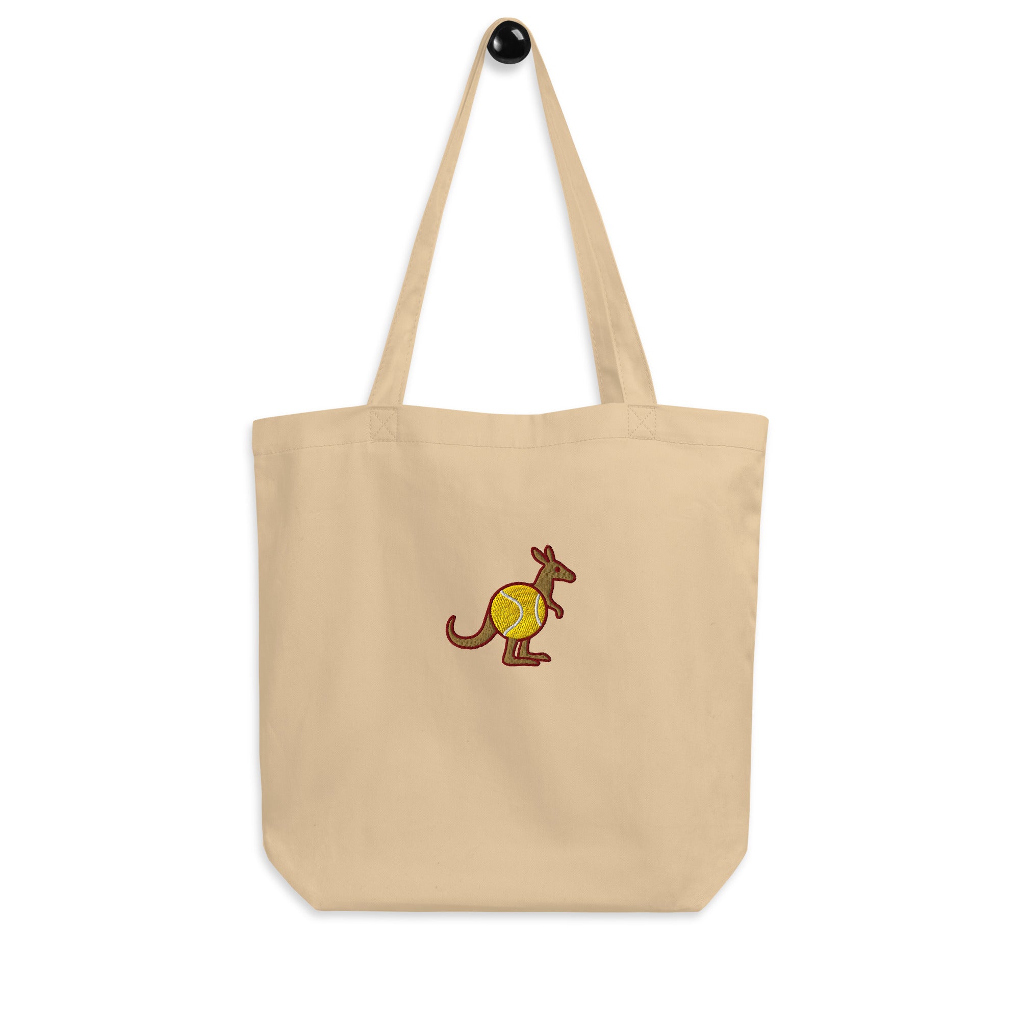 Natural cotton tote bag with Skippy kangaroo tennis-ball embroidery – hanging display view