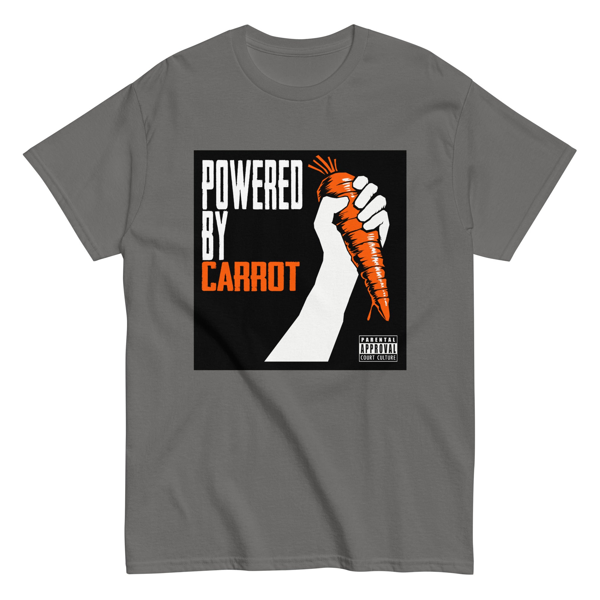 CHARCOAL classic tee with “Powered by Carrot” hand-and-carrot graphic – front view