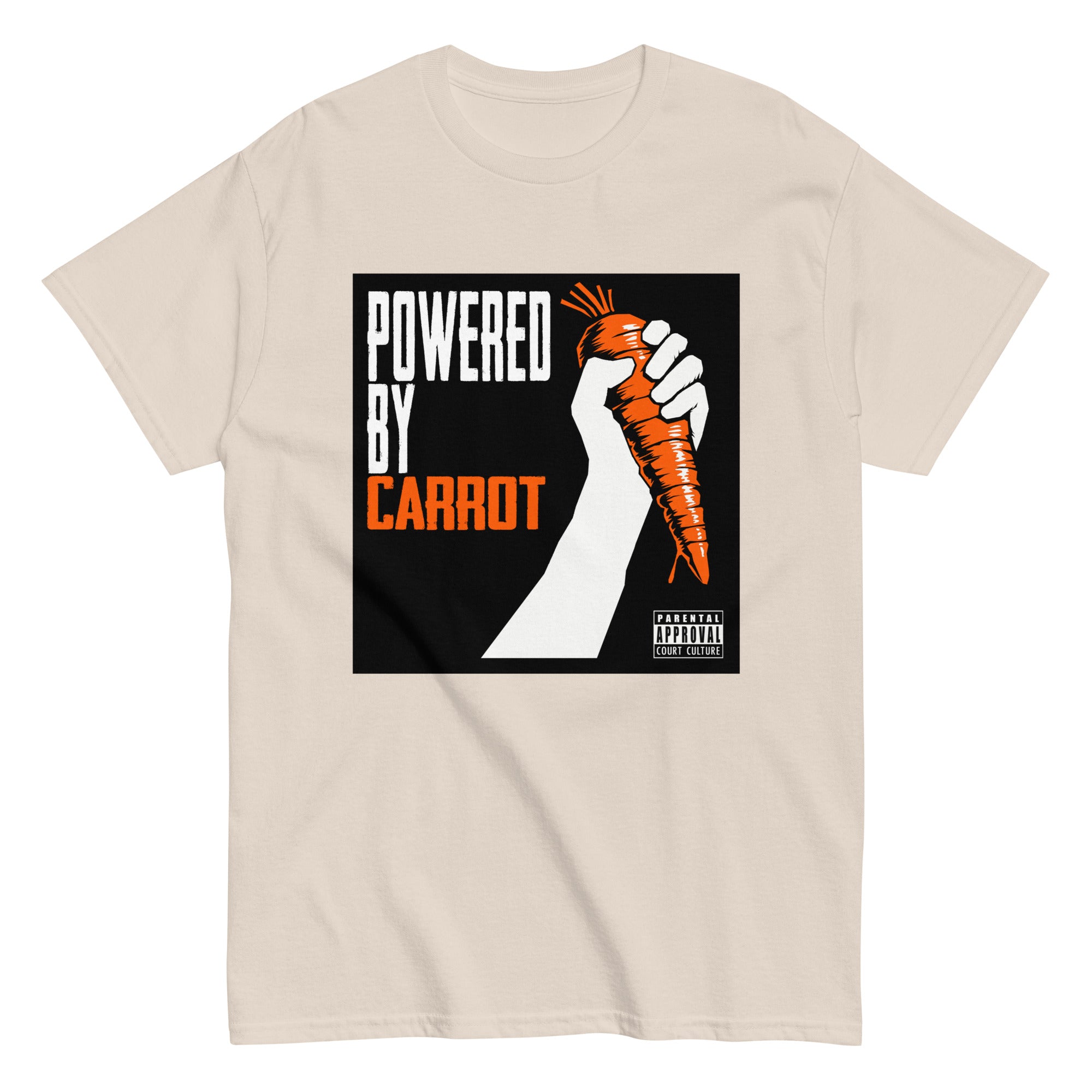 Natural (Beige) classic tee with “Powered by Carrot” hand-and-carrot graphic – front view