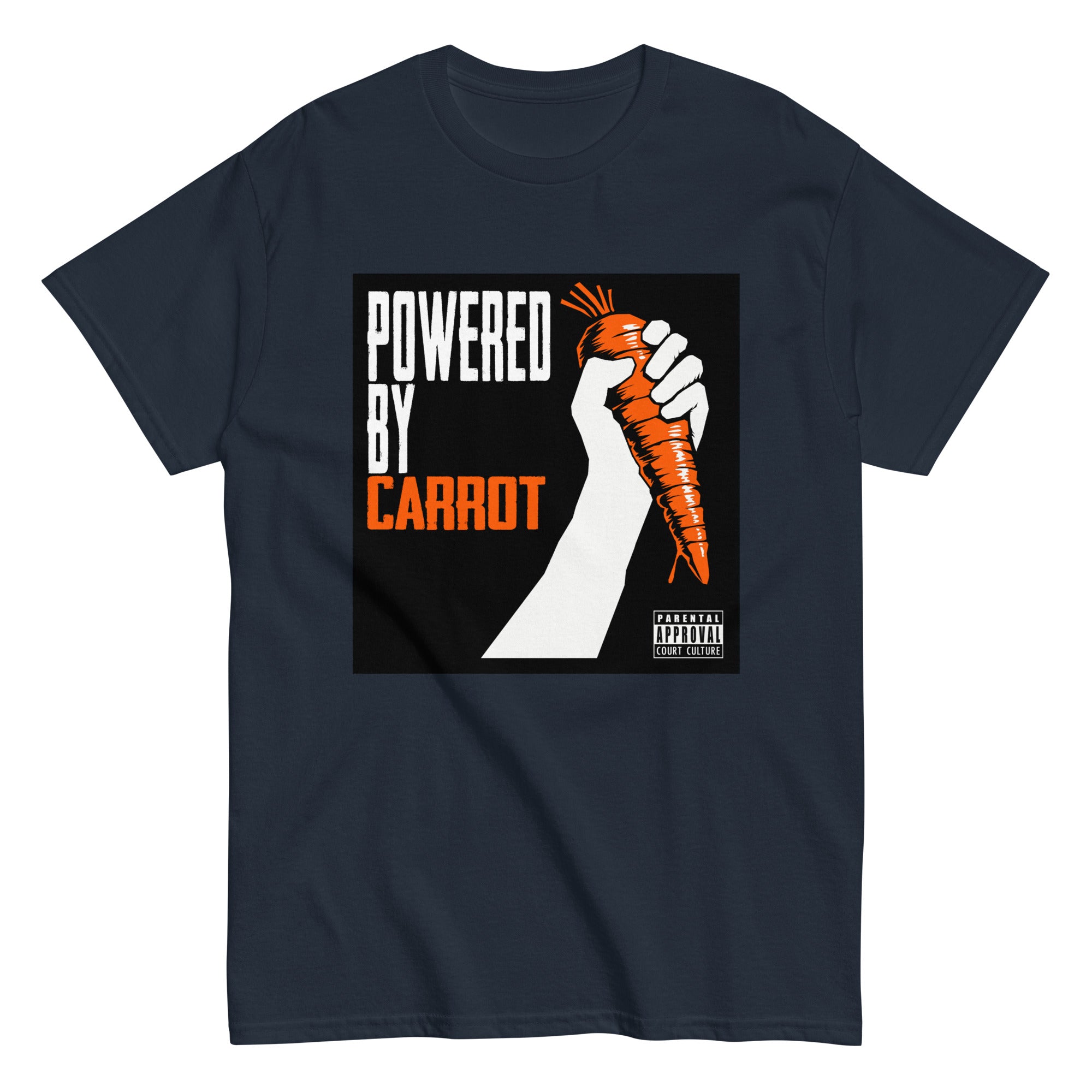 Navy classic tee with “Powered by Carrot” hand-and-carrot graphic – front view
