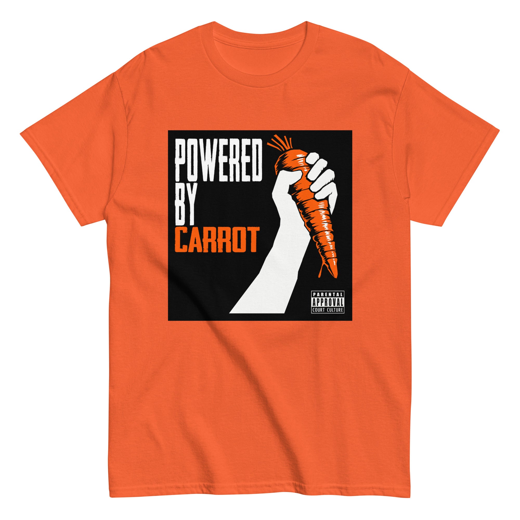 Orange classic tee with “Powered by Carrot” hand-and-carrot graphic – front view