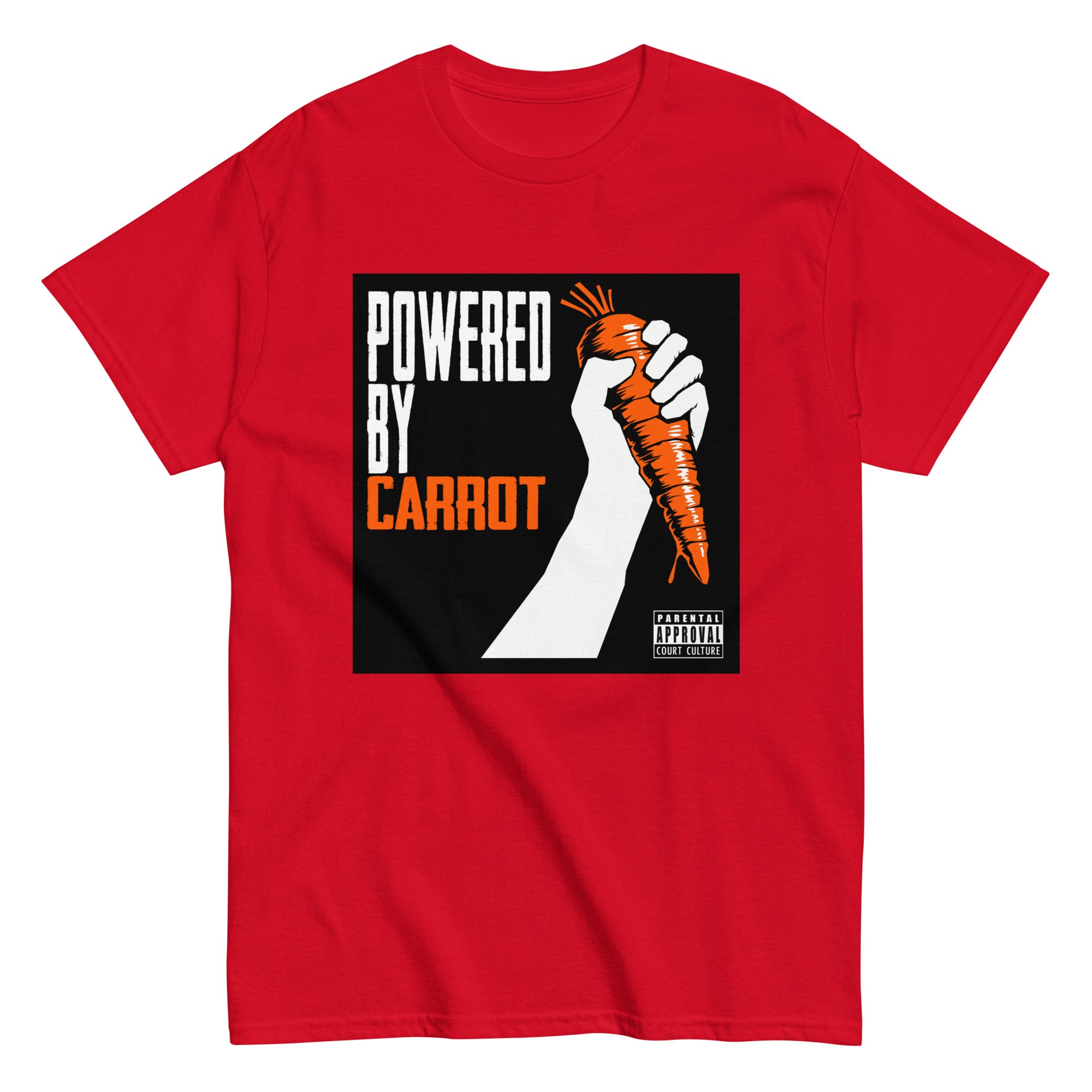 Red classic tee with “Powered by Carrot” hand-and-carrot graphic – front view