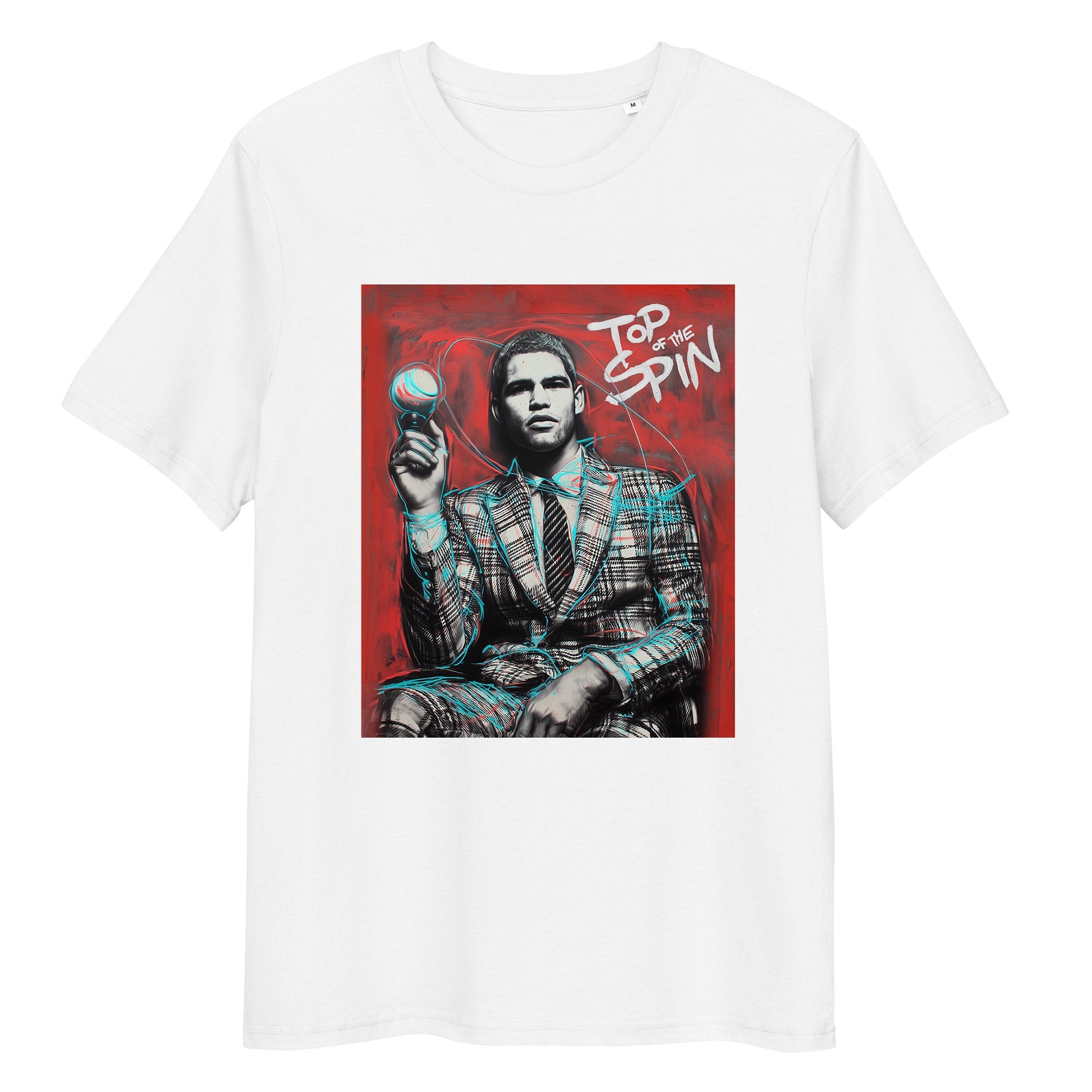 White organic cotton tee featuring “Top Spin” graphic of Carlos Alcaraz – front view