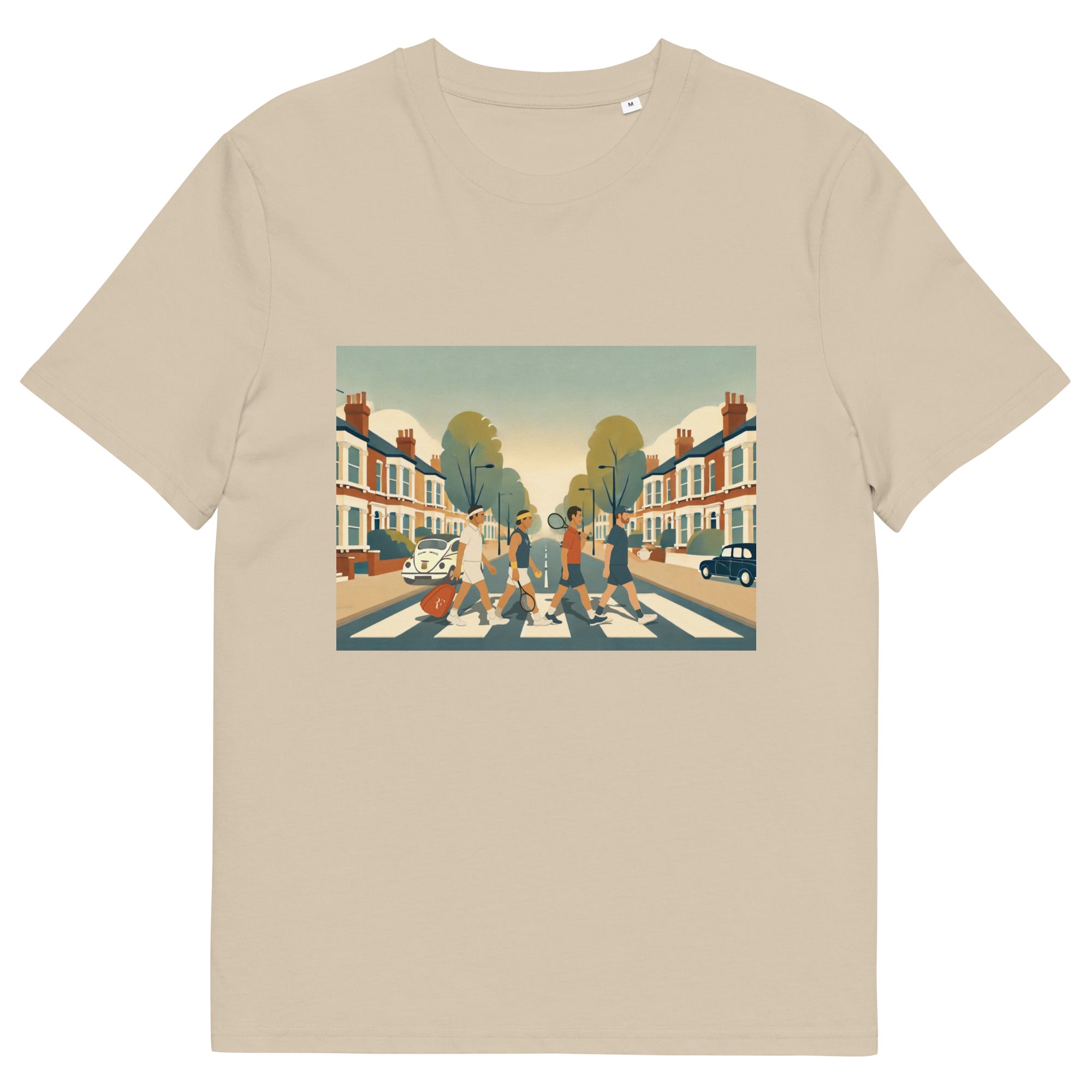 DESERT DUST (beige) organic classic-fit tee with “Big 4 Crossing” Abbey-Road-style print of Federer, Nadal, Djokovic & Murray – front view