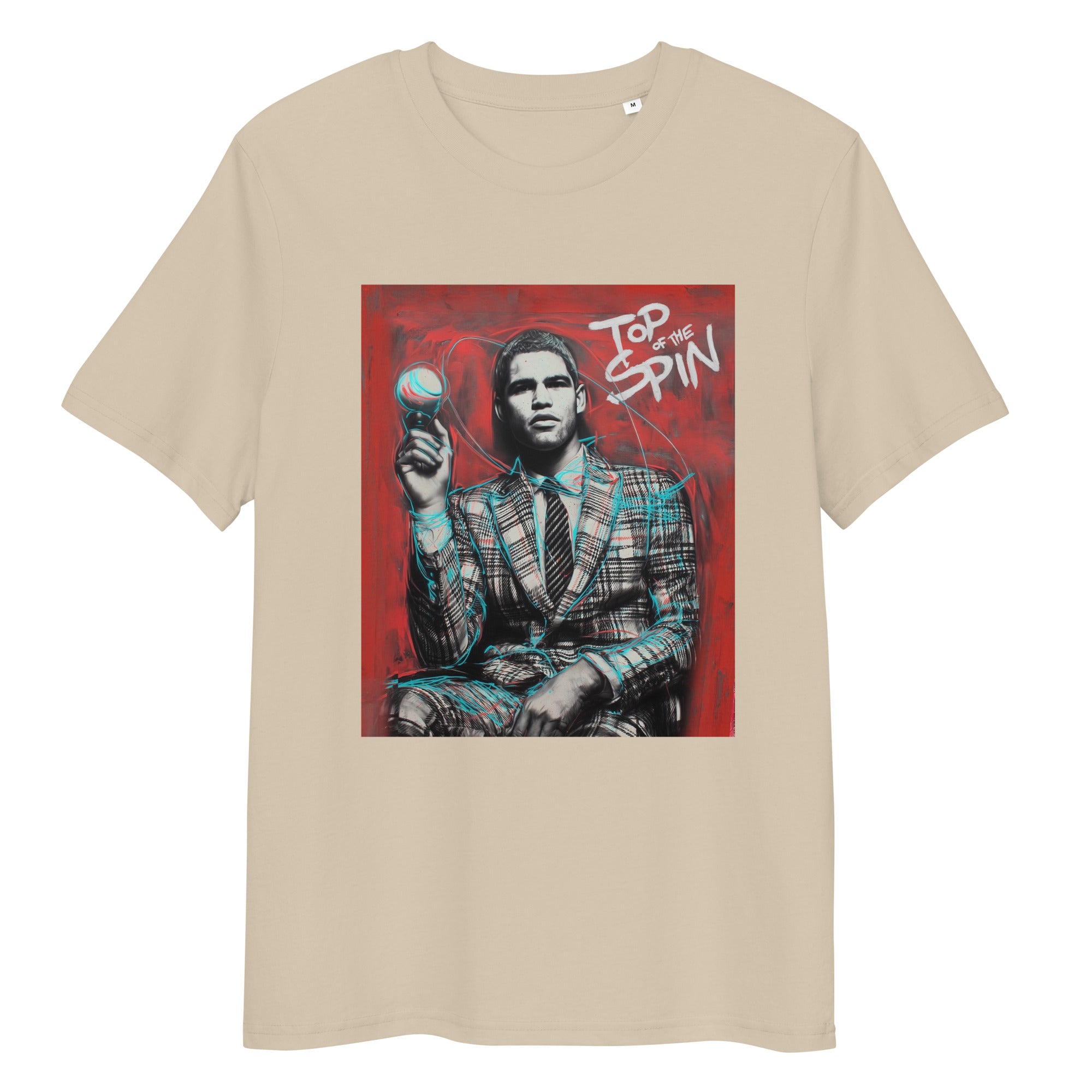 Desert Dust organic cotton tee featuring “Top Spin” graphic of Carlos Alcaraz – front view