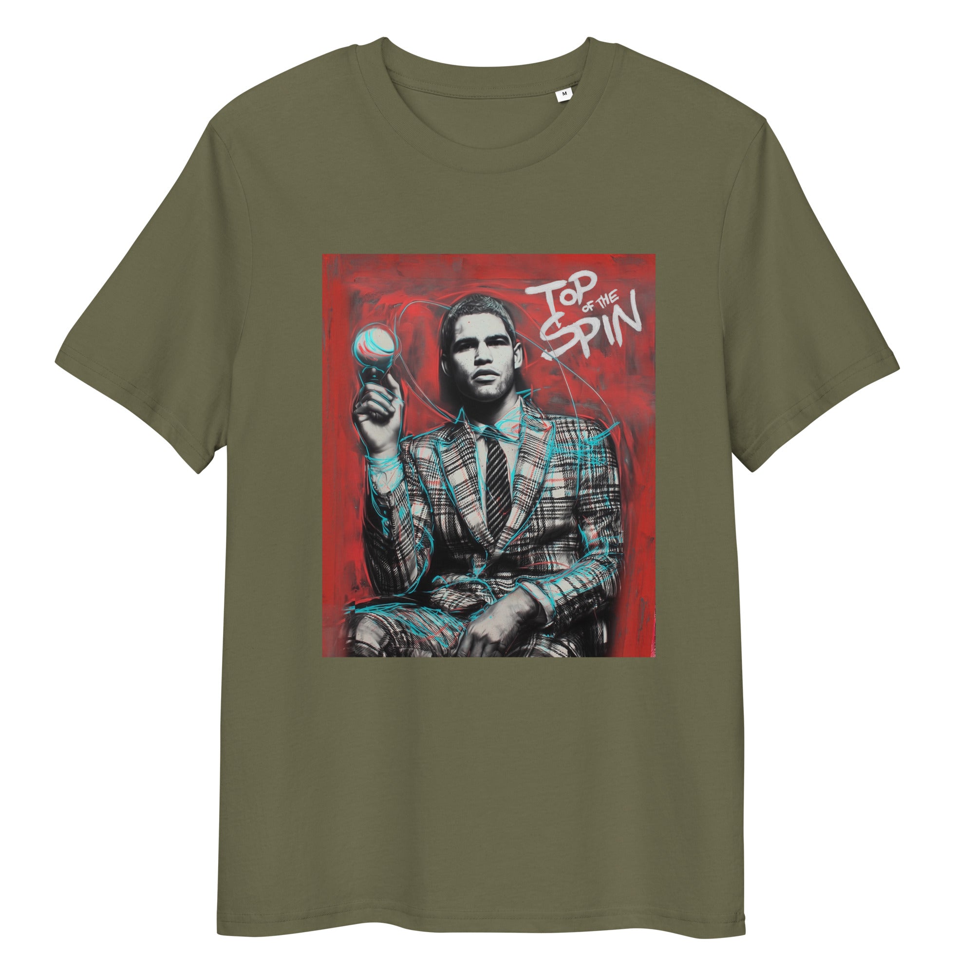 Khaki organic cotton tee featuring “Top Spin” graphic of Carlos Alcaraz – front view