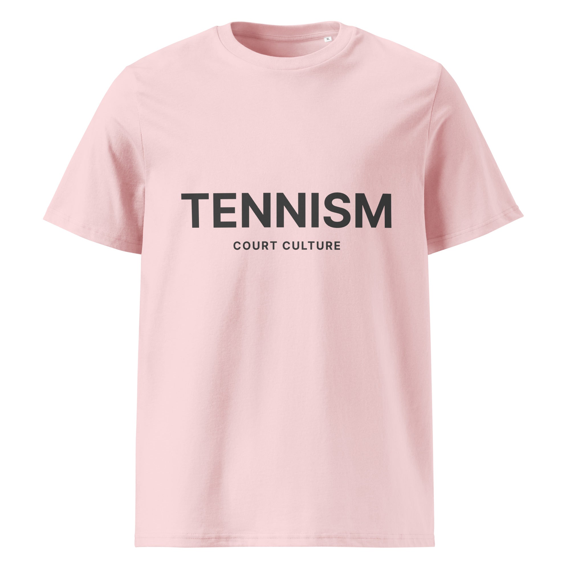 COTTON PINK (Pastel-pink) organic ribbed-neck tee with black “TENNISM – Court Culture” front print