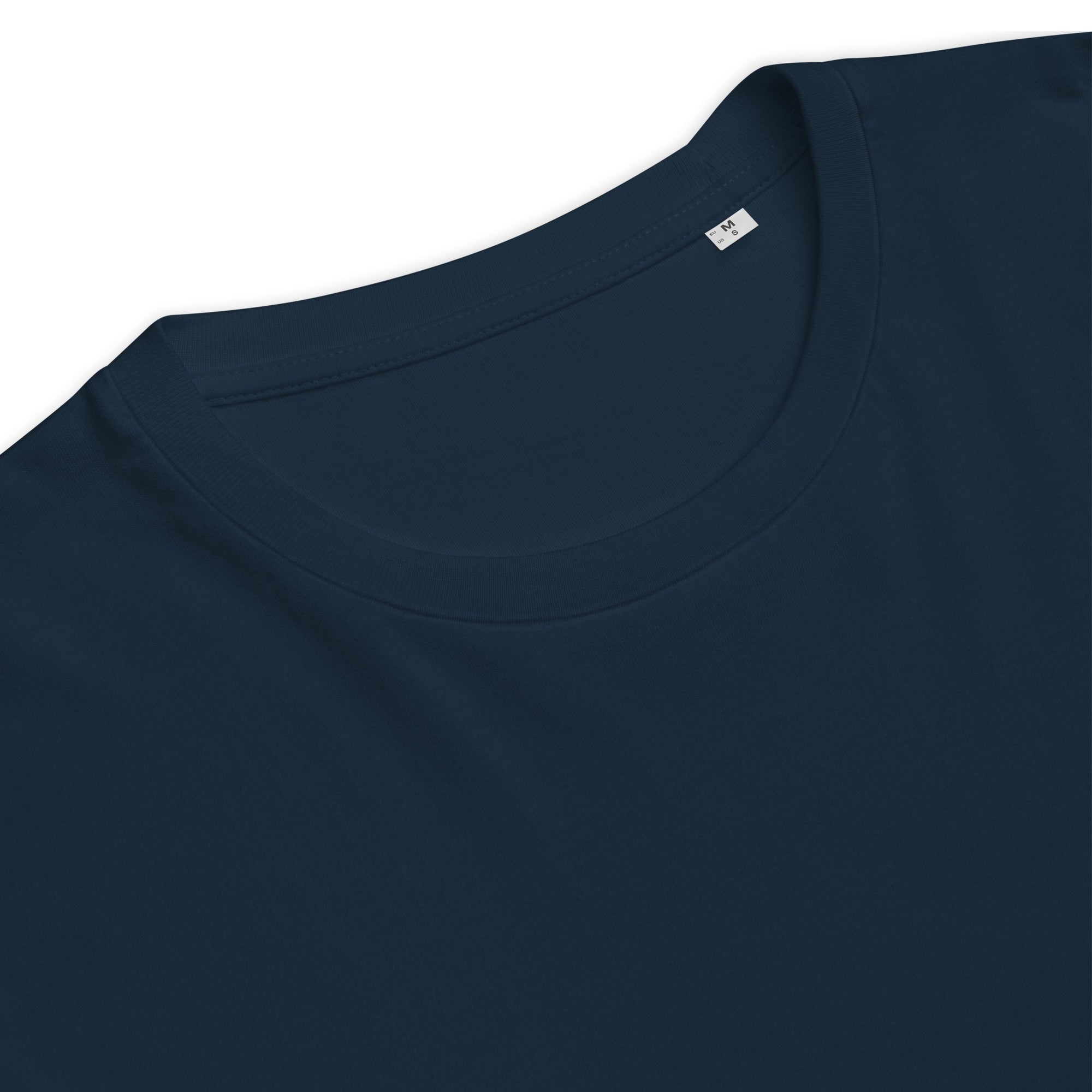 lose-up of navy ribbed neckline and stitching on organic tee – detail shot