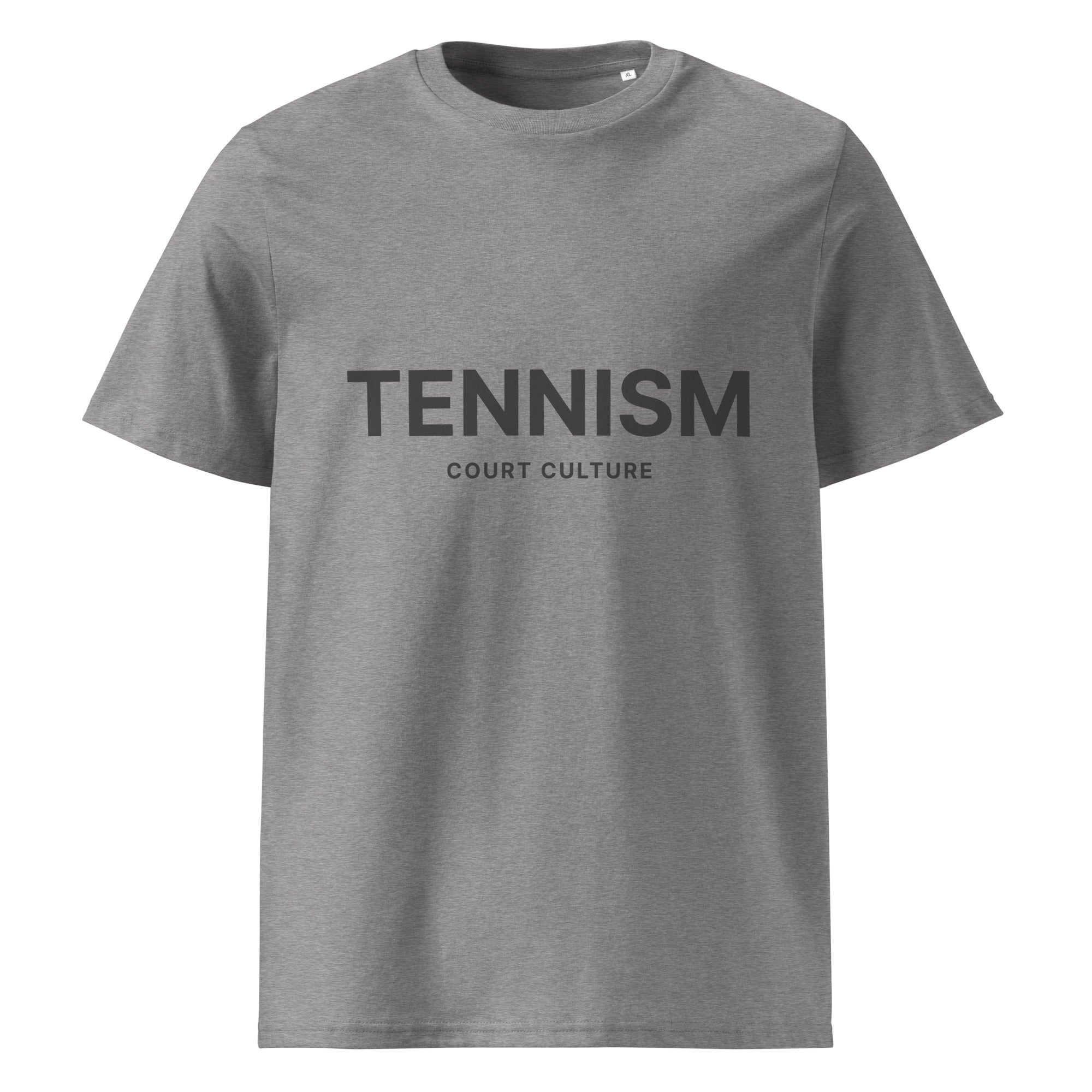 HEATHER GREY (Light-grey) organic ribbed-neck tee with black “TENNISM – Court Culture” front print