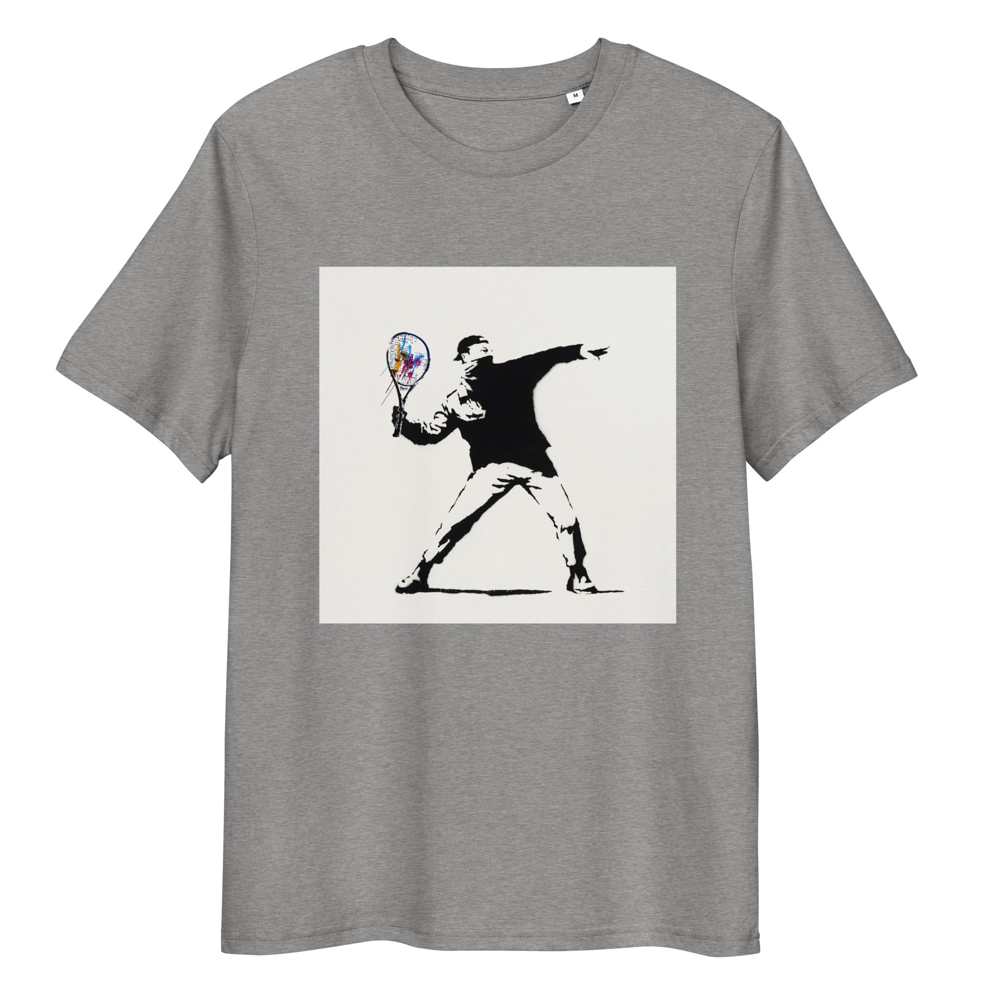 Heather Grey organic cotton tee with Banksy-style tennis player graphic – front view