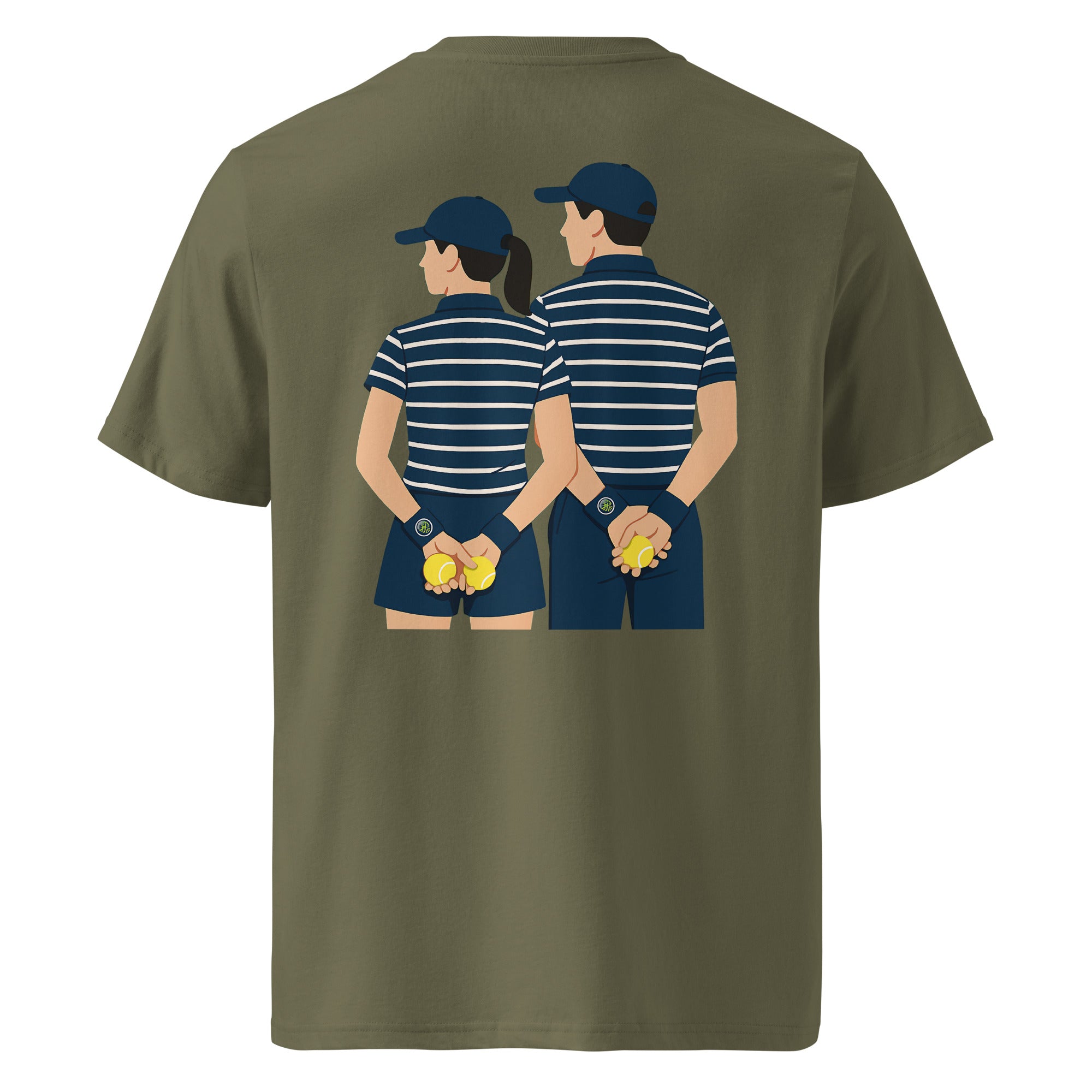 Khaki organic ribbed-neck tee with Ball Kids back print – flat lay, back view