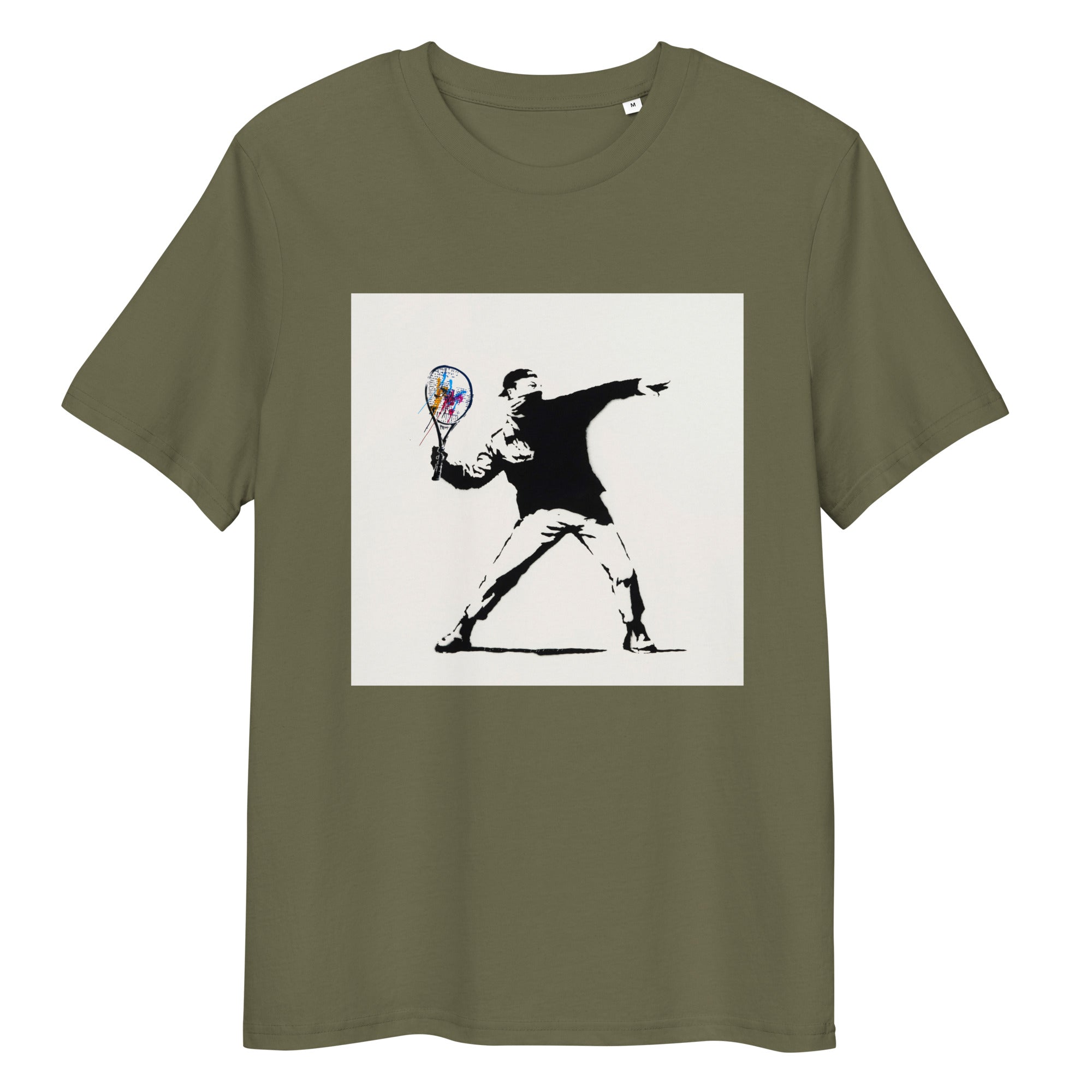 Khaki organic cotton tee with Banksy-style tennis player graphic – front view