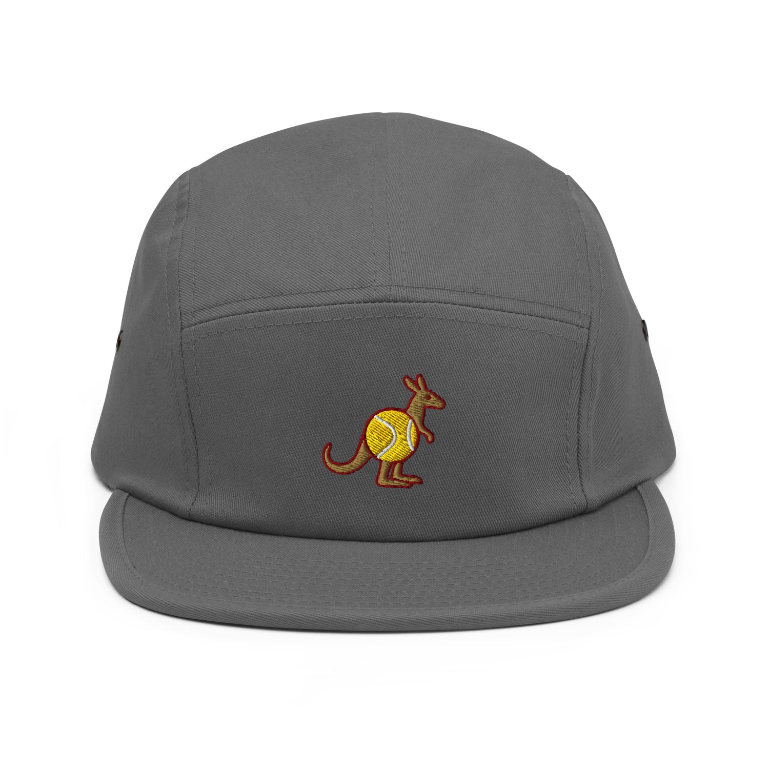 Grey five-panel cap with embroidered Skippy kangaroo tennis-ball logo – front view
