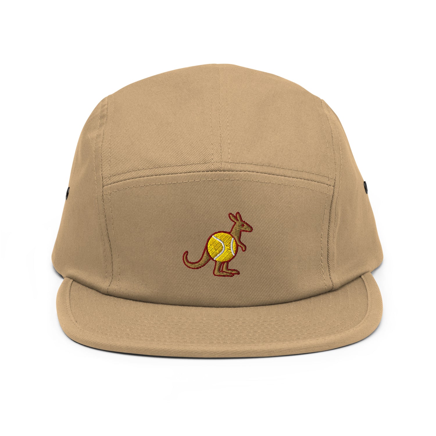 Sand (khaki) five-panel cap with embroidered Skippy kangaroo tennis-ball logo – front view