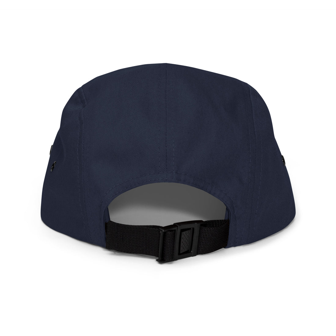 Navy five-panel cap with nylon strap clip closure – back view