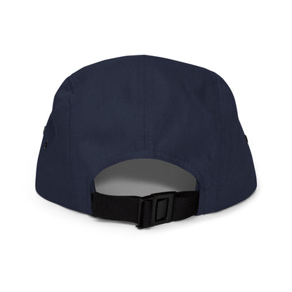 Navy five-panel cap with nylon strap clip closure – back view