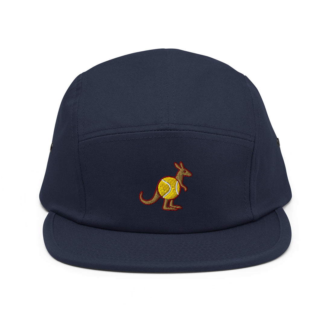Navy five-panel cap with embroidered Skippy kangaroo tennis-ball logo – front view